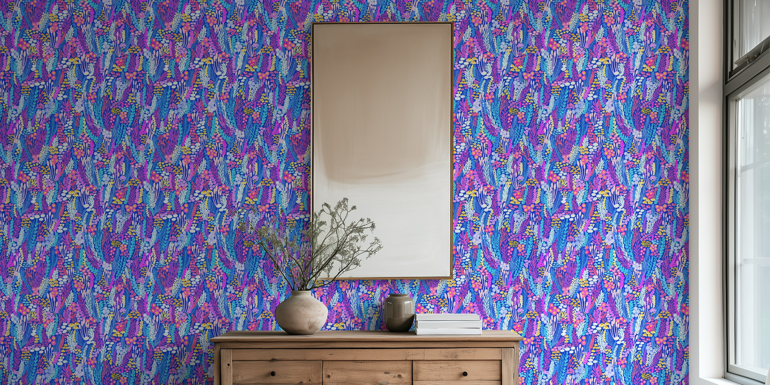 Vivid Wild Grasses and Blooms wallpaper in een kamer