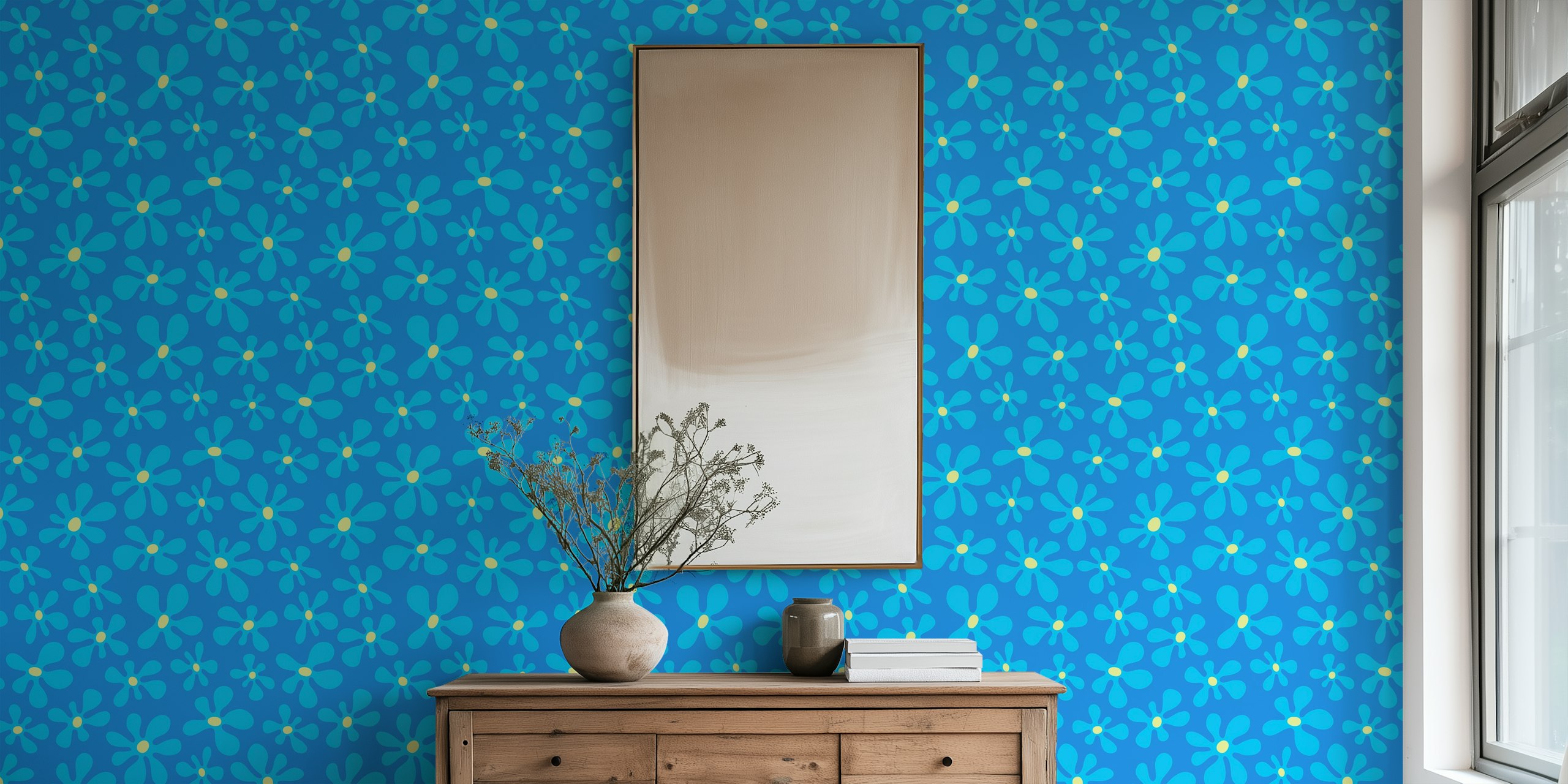 Bright blue background with playful floral designs in yellow and turquoise wallpaper