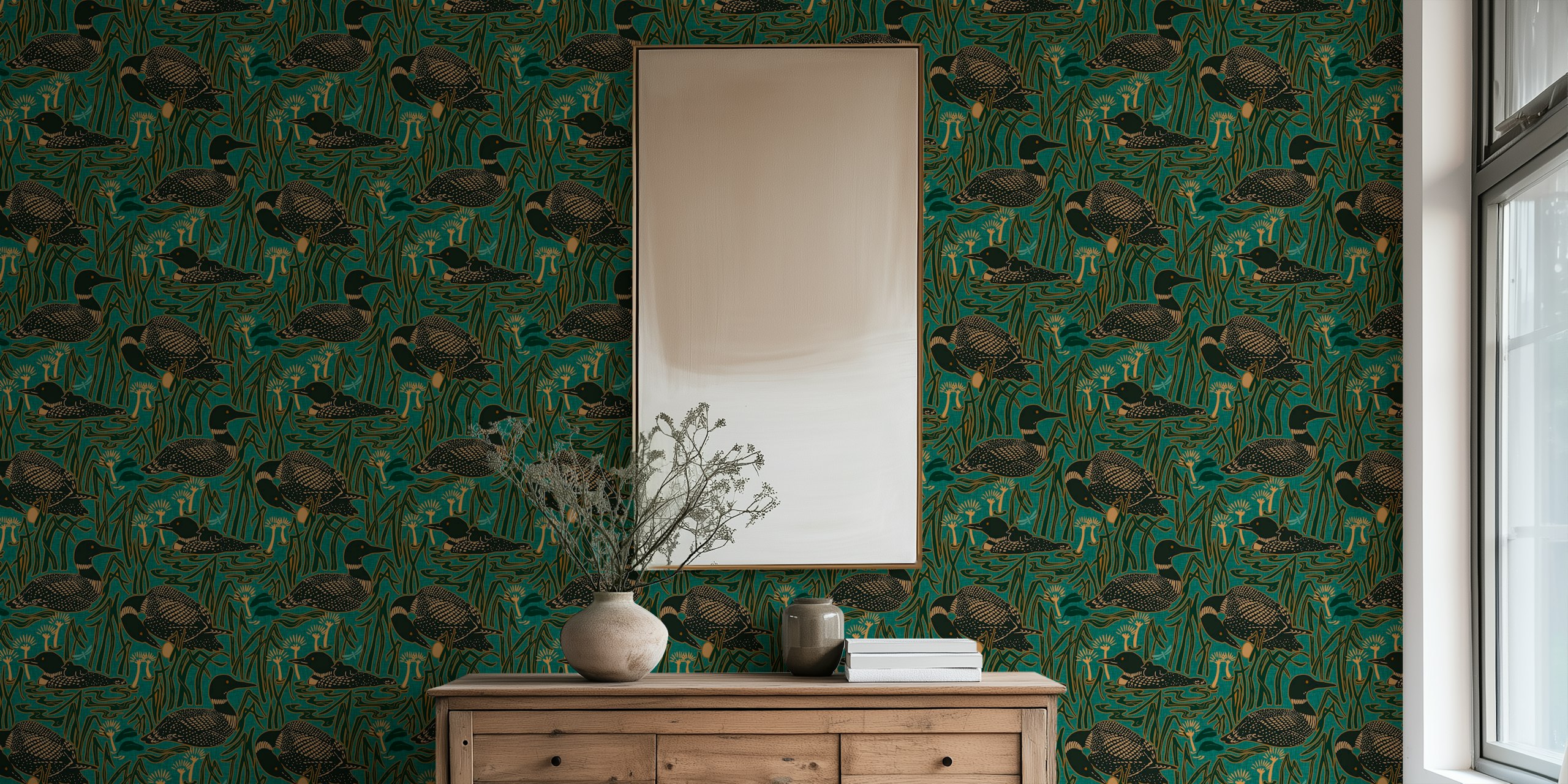 Zelená teal tapeta featuring loons on the lake