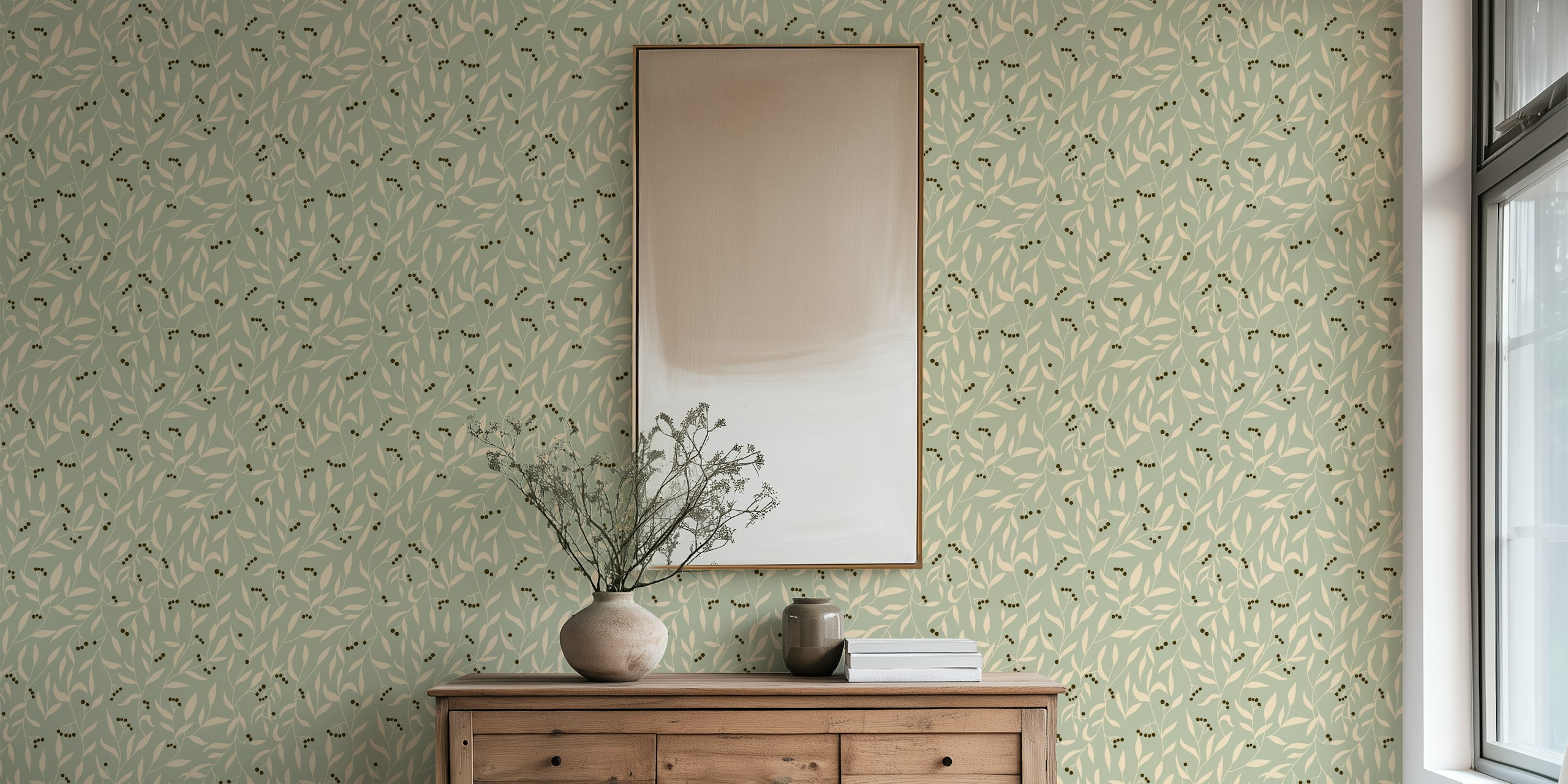 Leaves and berries sage wallpaper in a room