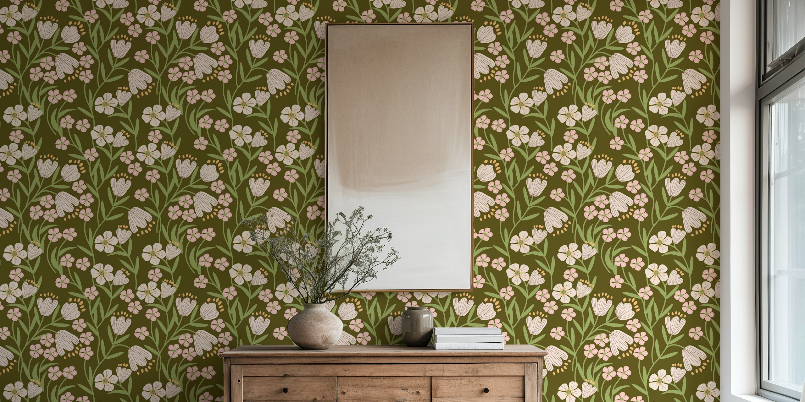 Olive green floral wallpaper with pink flowers and leafy patterns