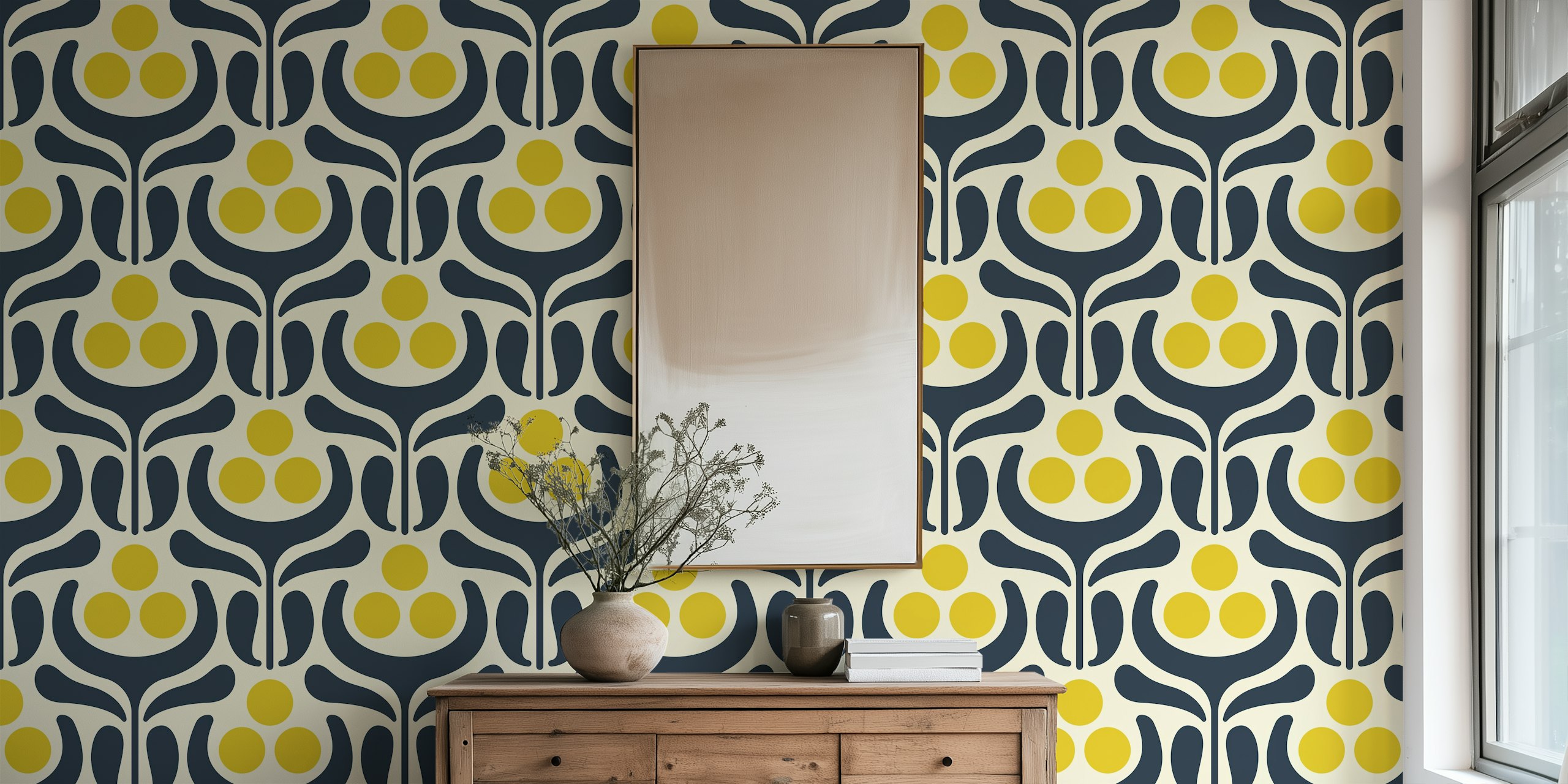 Floral geometric pattern in navy and yellow wallpaper