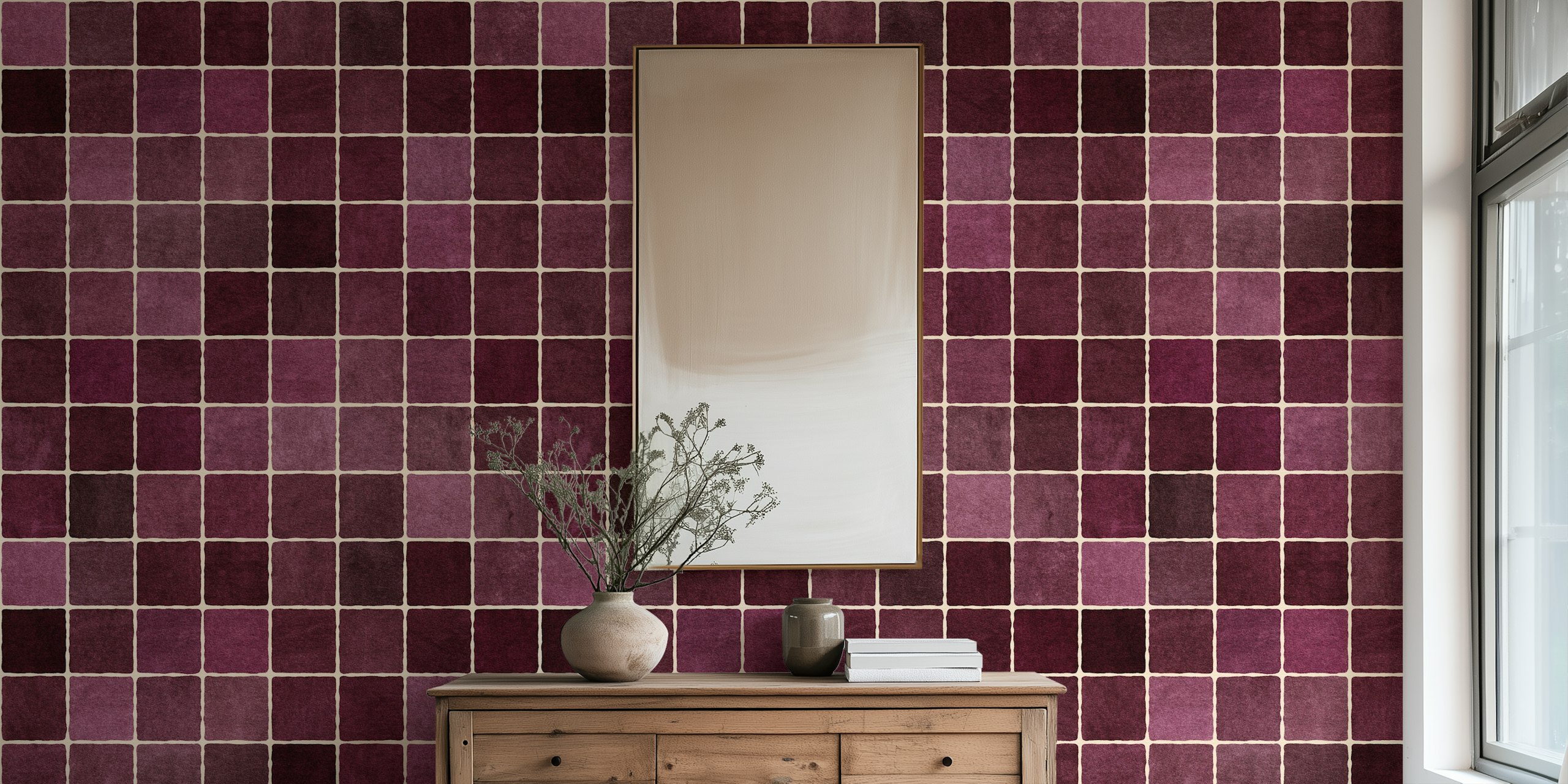 Bordeaux mosaic pattern wallpaper in rich burgundy and purple tones.