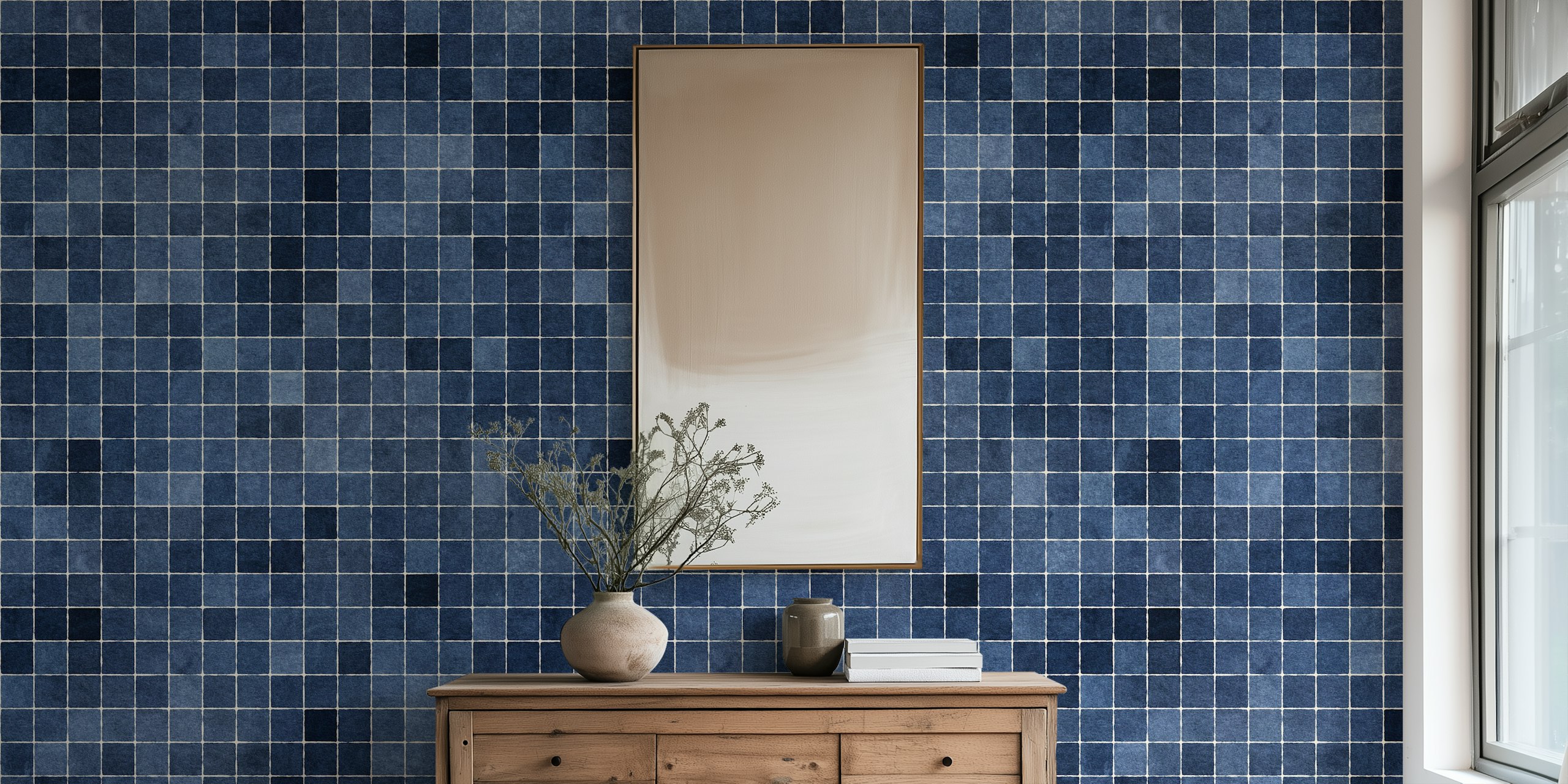 MOSAIC-Muster Tapete in tiefem Indigo