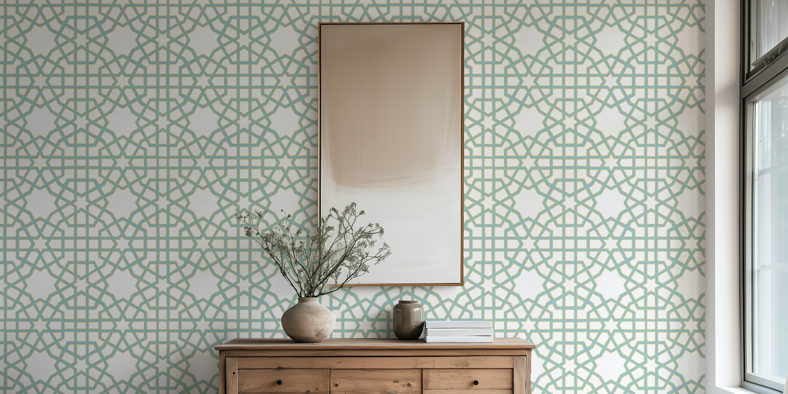 Light blue arabesque wallpaper in a room