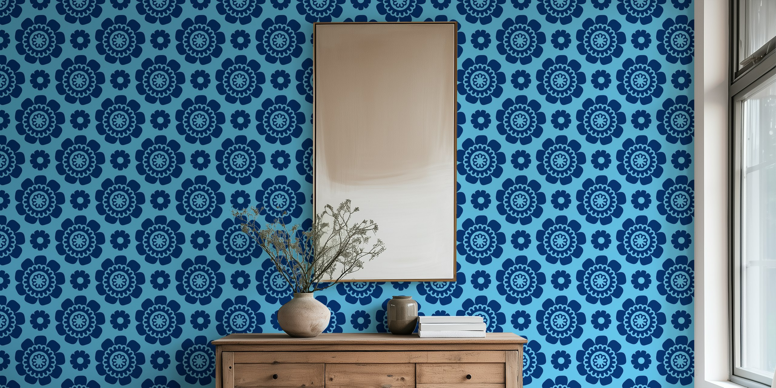 Blue floral daisy pattern wallpaper with bold shapes