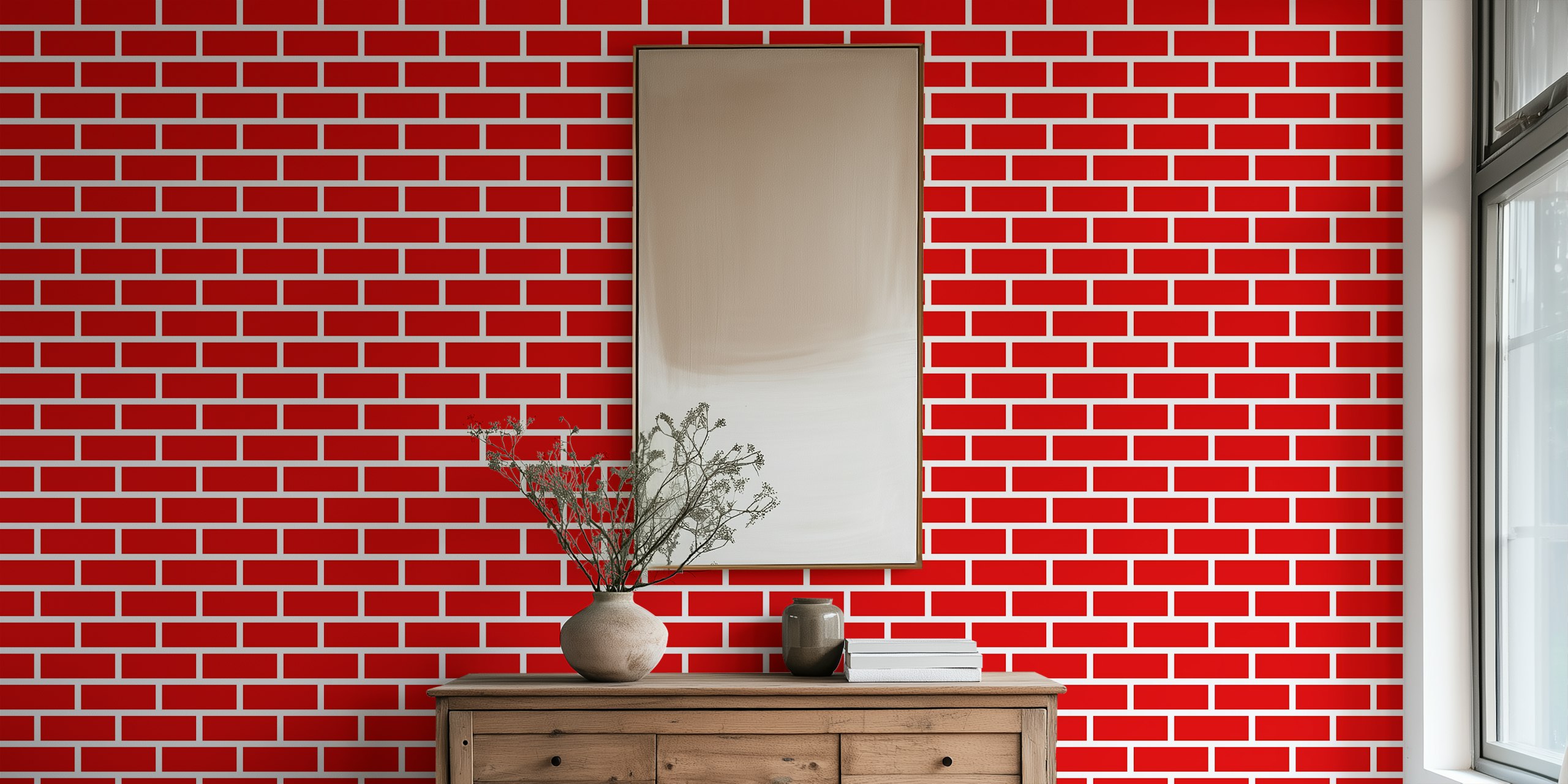 Red brick pattern wallpaper in bold colors, modern design.