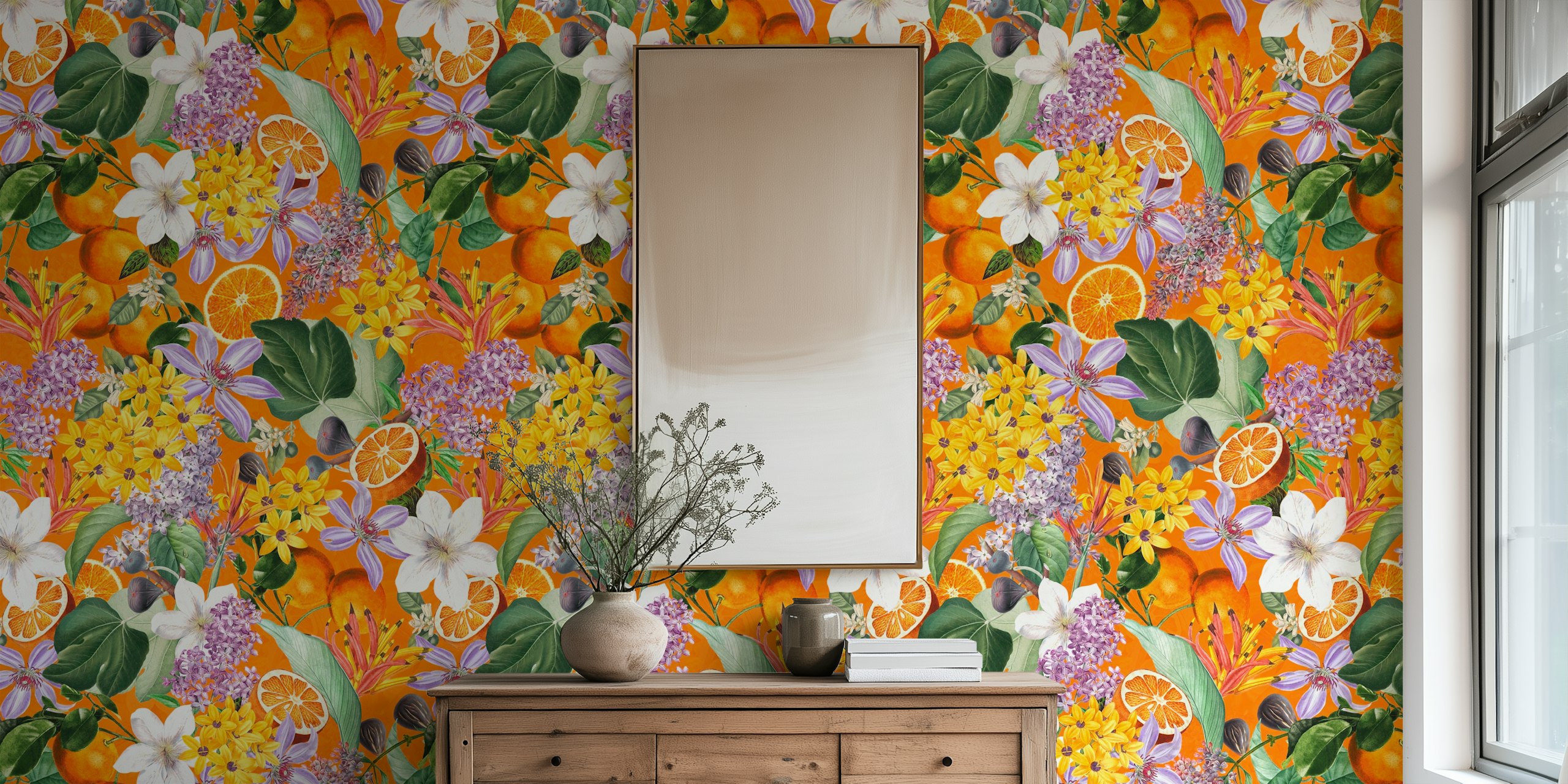 Tropical fruit and flowers vintage jungle wallpaper