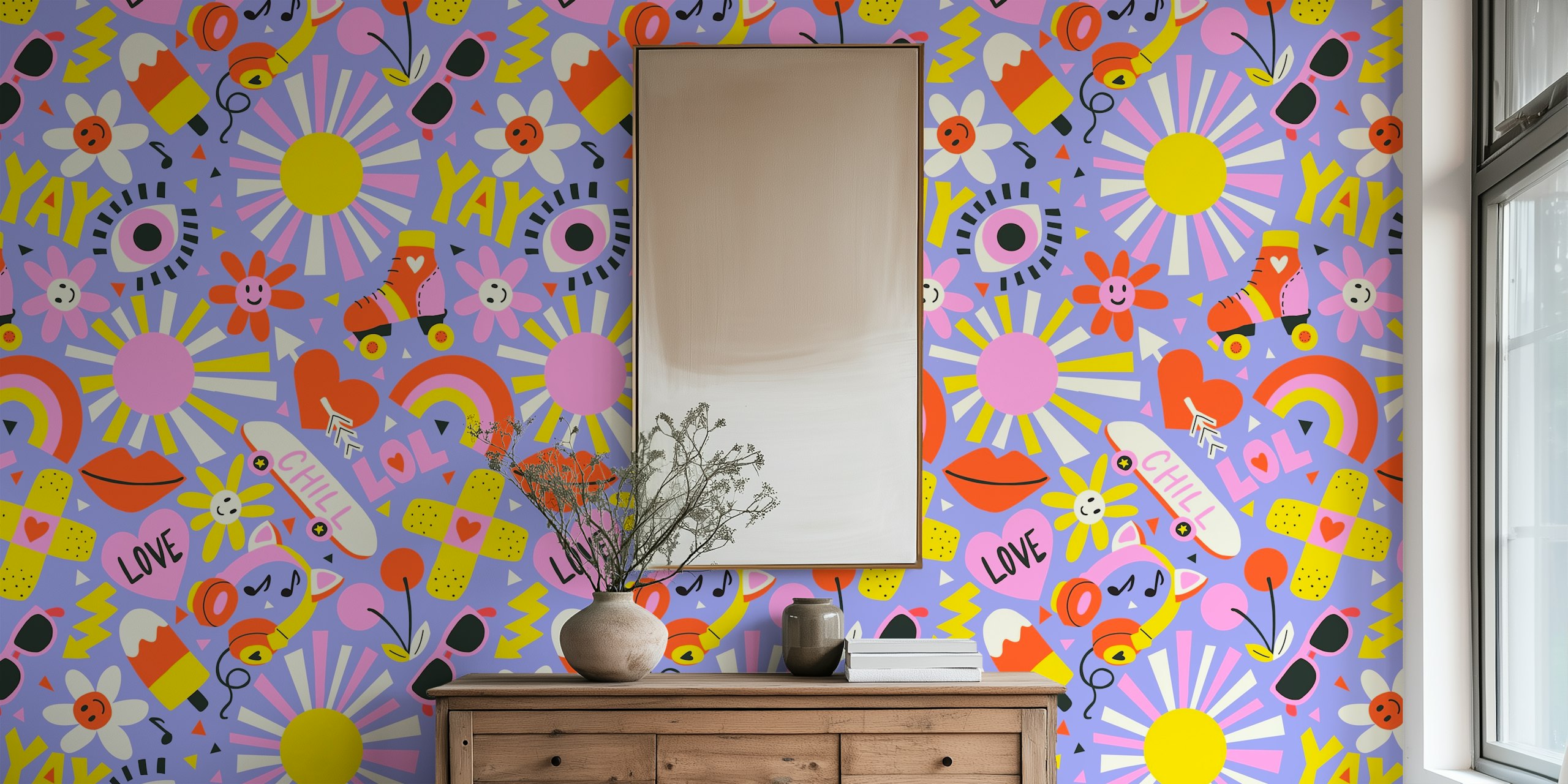 Bold Retro Tween Girl Y2K Collage wallpaper in a room