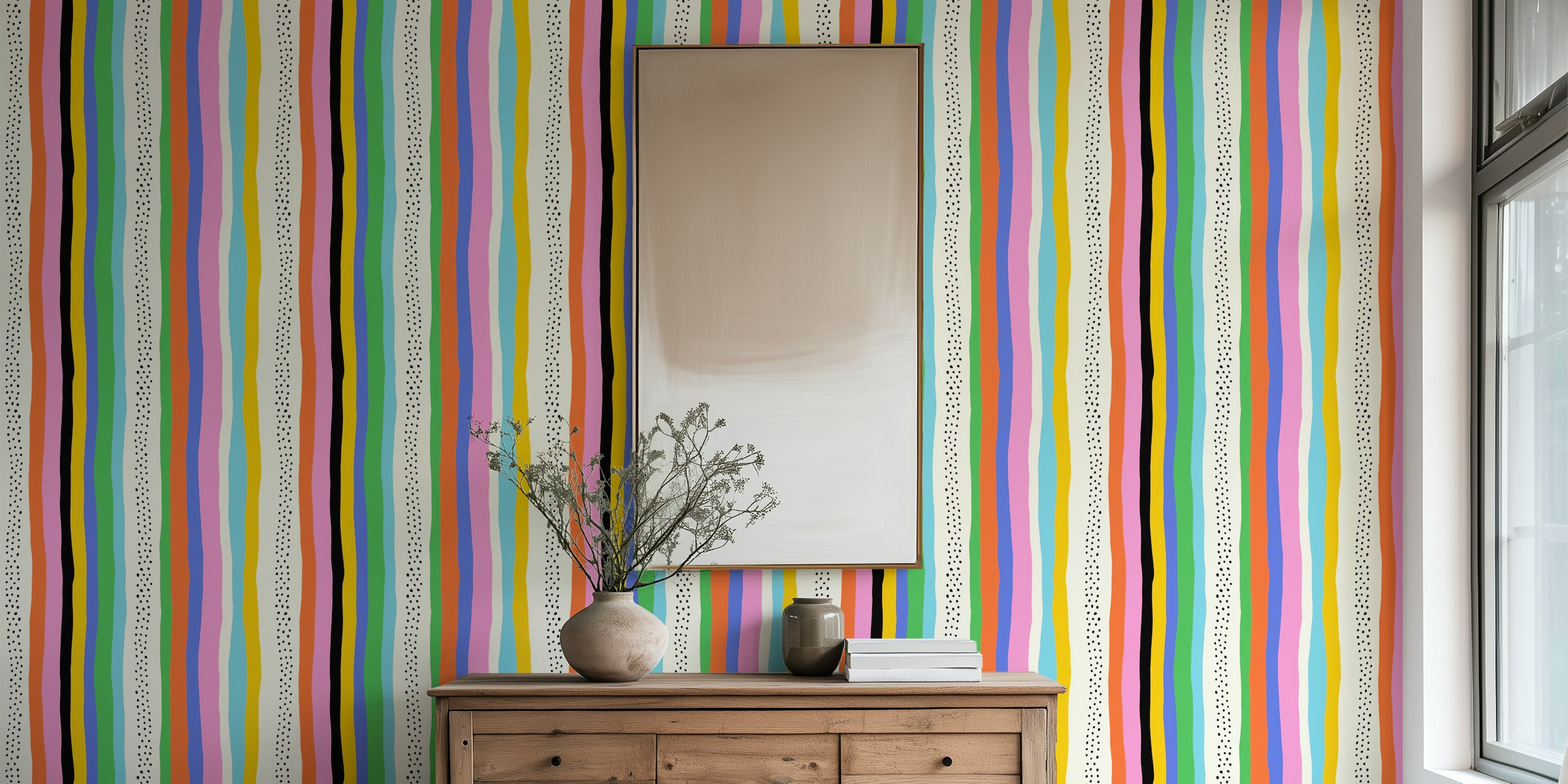 Colorful wavy stripes with dots in rainbow hues wallpaper