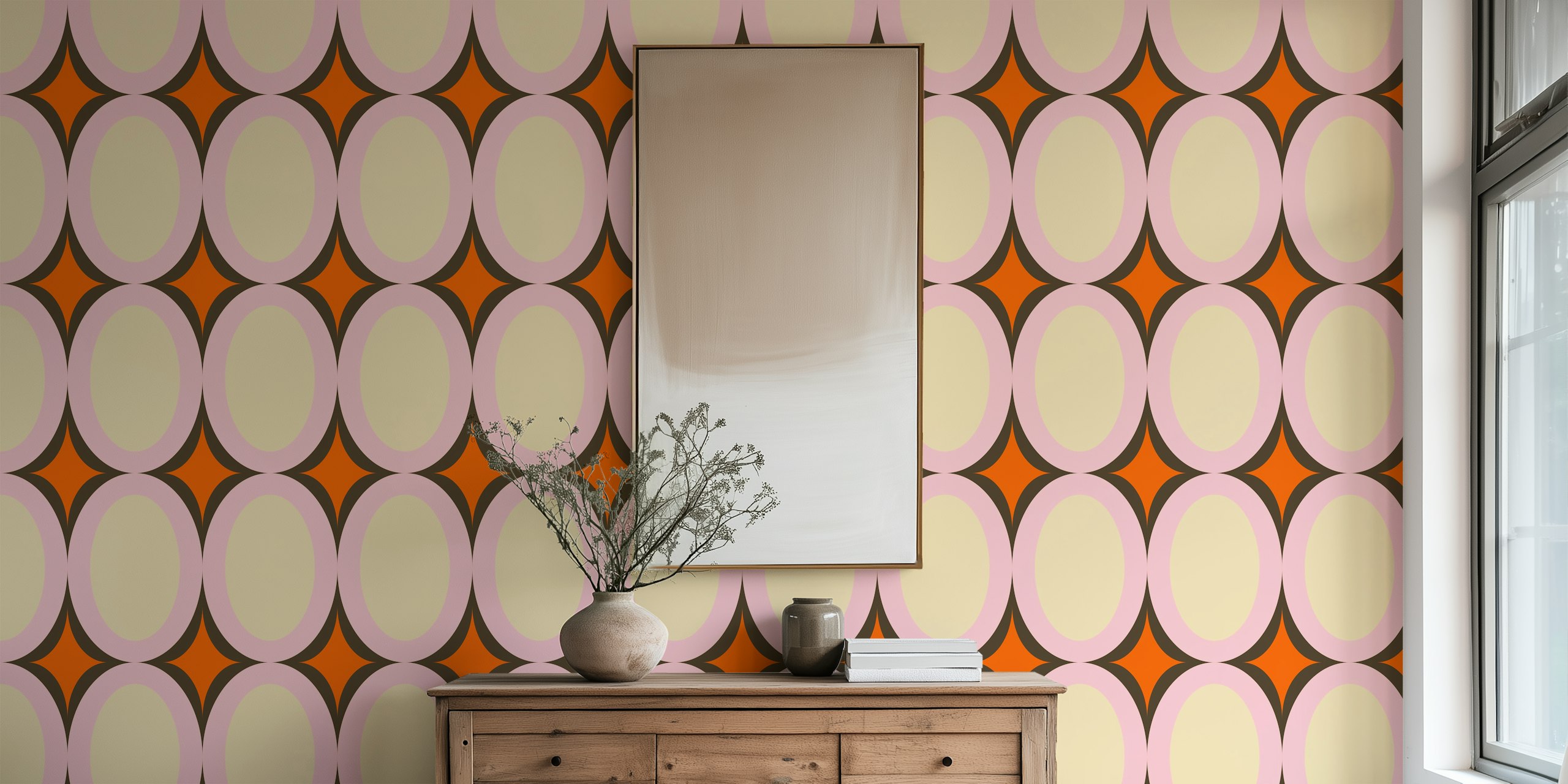 Groovy Starburst Beige Pink wallpaper in a room