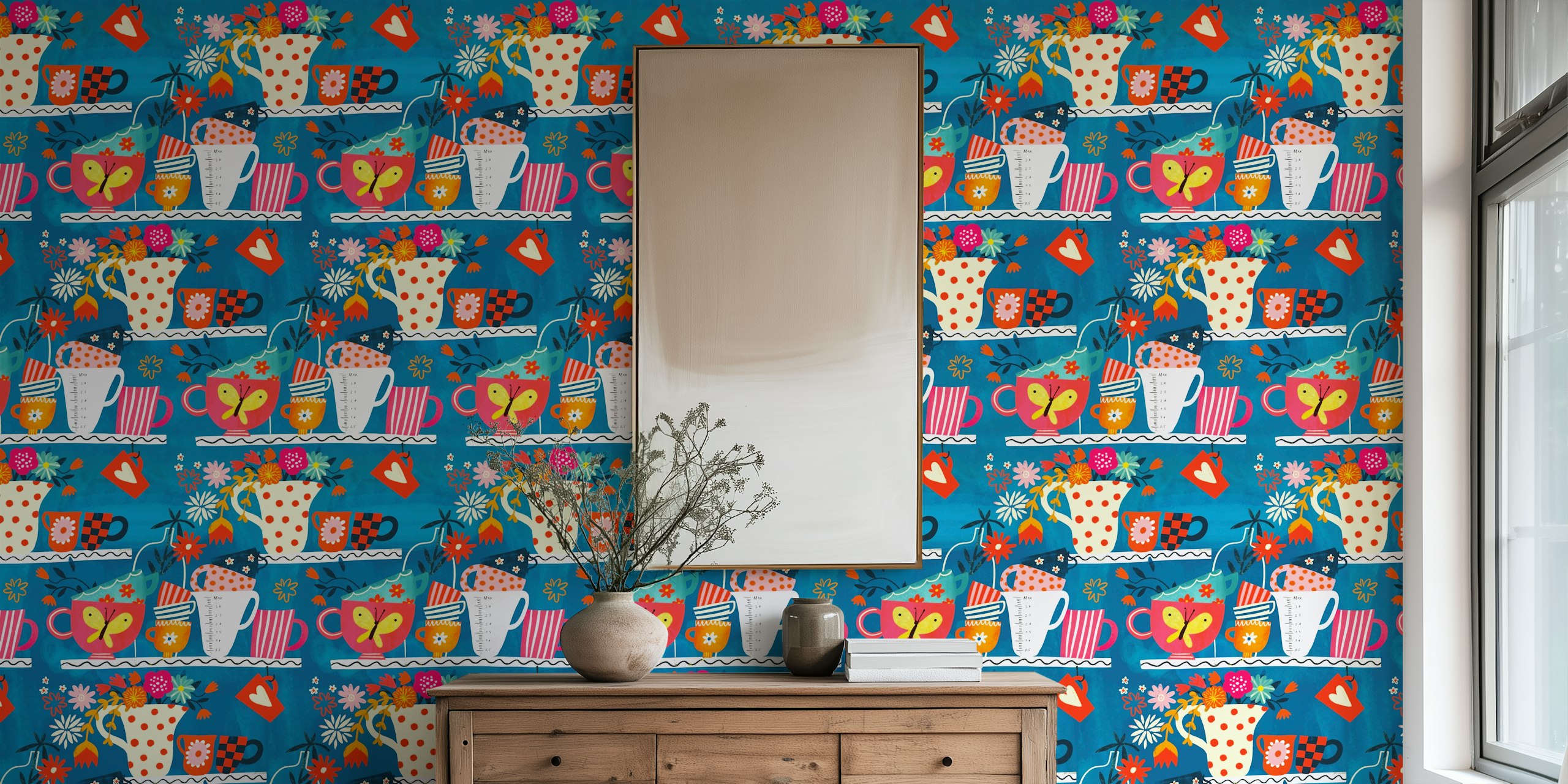 Colorful cups and flowers on bright blue background wallpaper