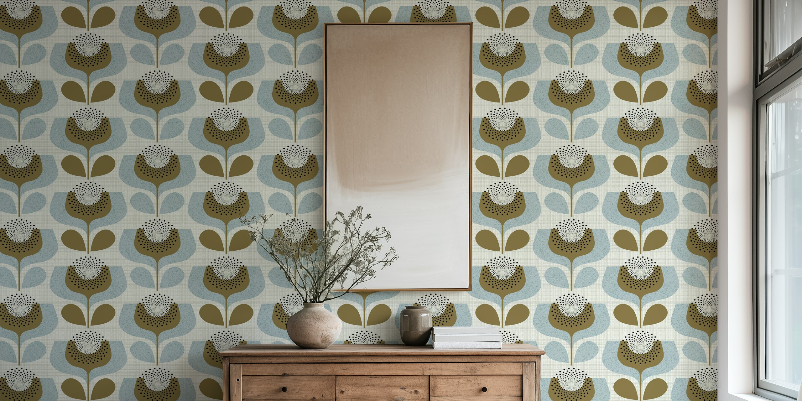 Mid century floral design featuring blue and brown abstract blooms wallpaper