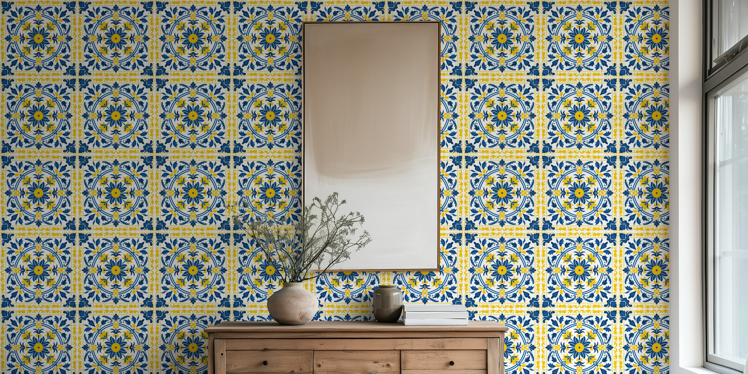 Yellow and Blue Ceramic tile Tapete in einem Raum