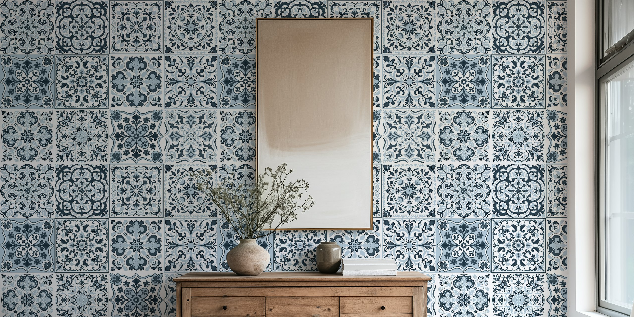 Mixed ceramic tiles wallpaper design in grey