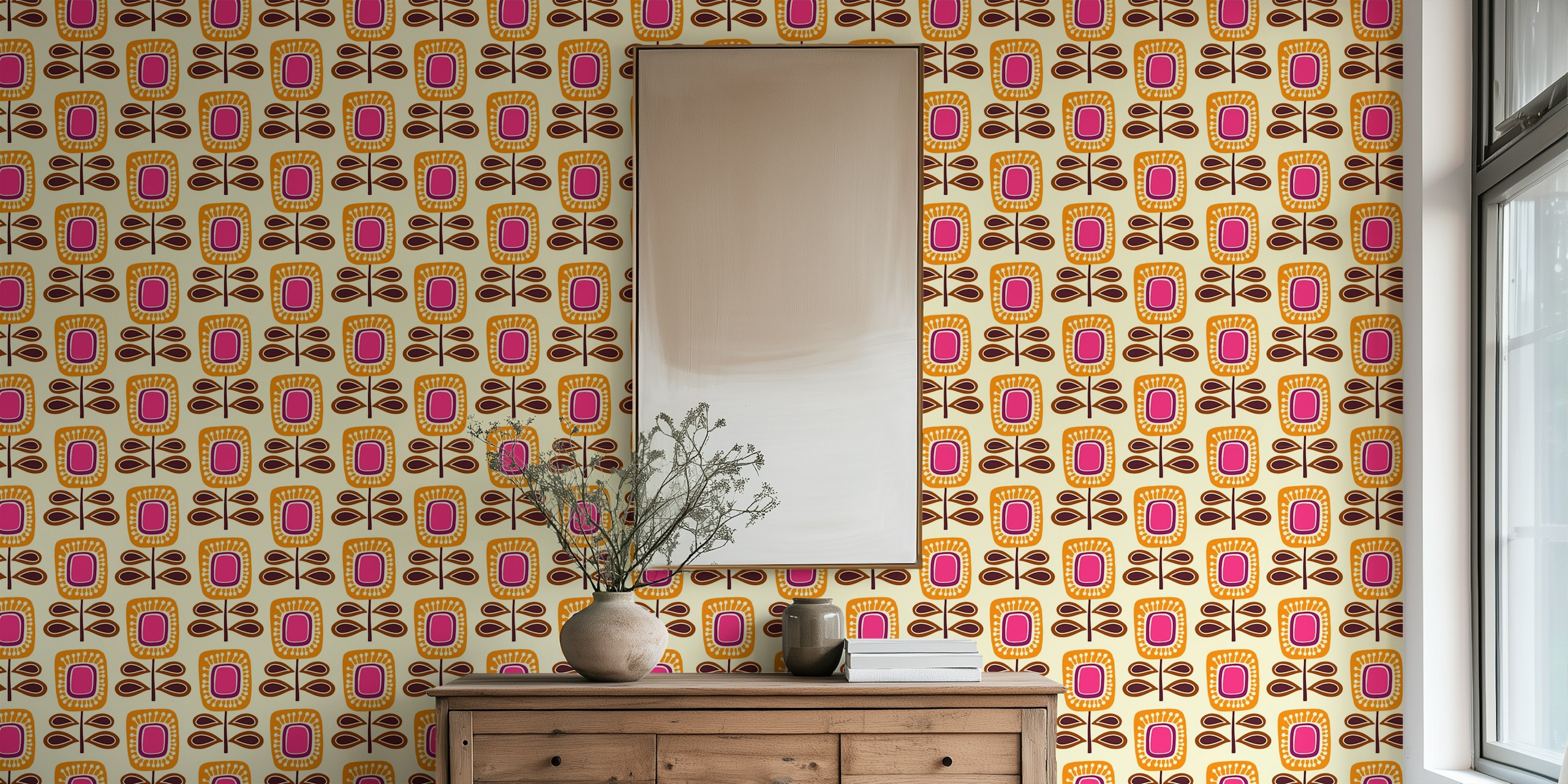 Retro floral pattern wallpaper with pink and orange flowers on a cream background