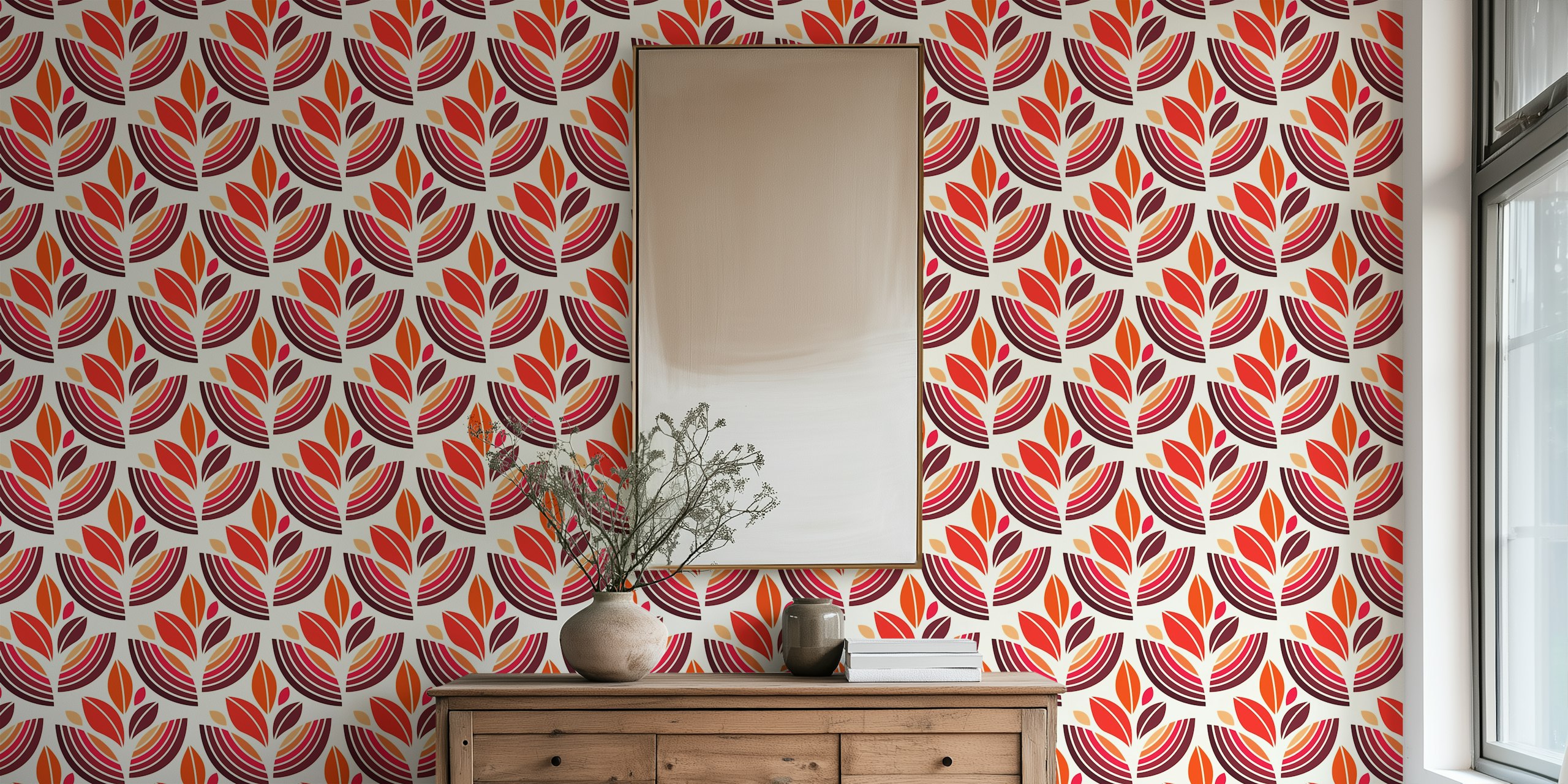 Orange and red floral pattern with curved leaves wallpaper