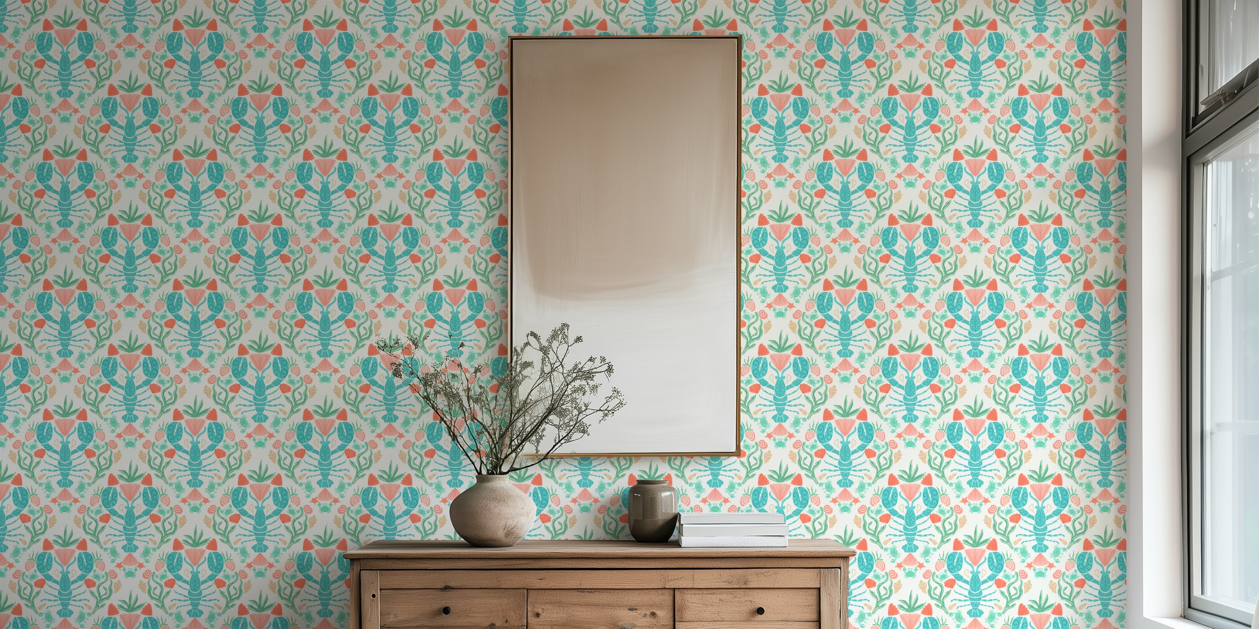 Coastal wallpaper design with lobsters and crabs