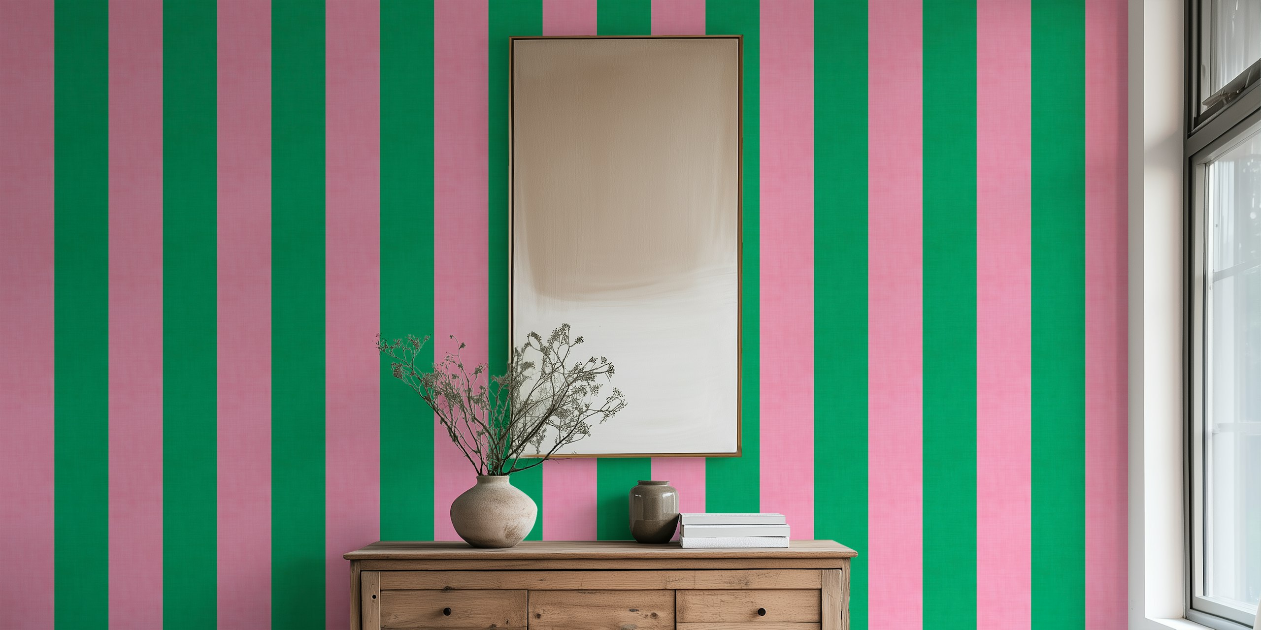 Bright pink and green stripes wallpaper in a room