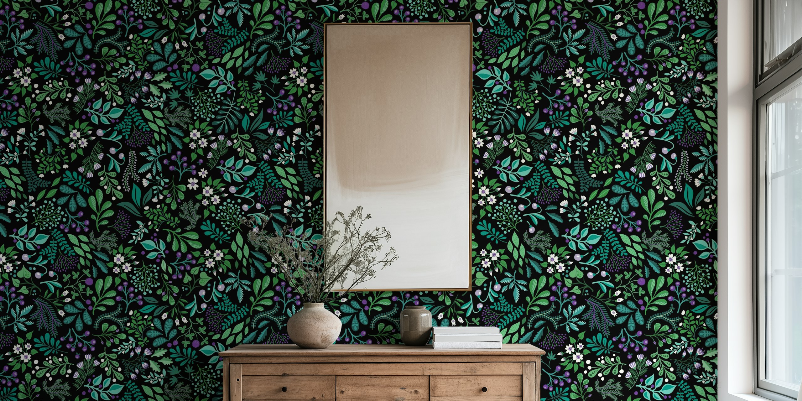 Green and white botanical floral patterns on a black wallpaper