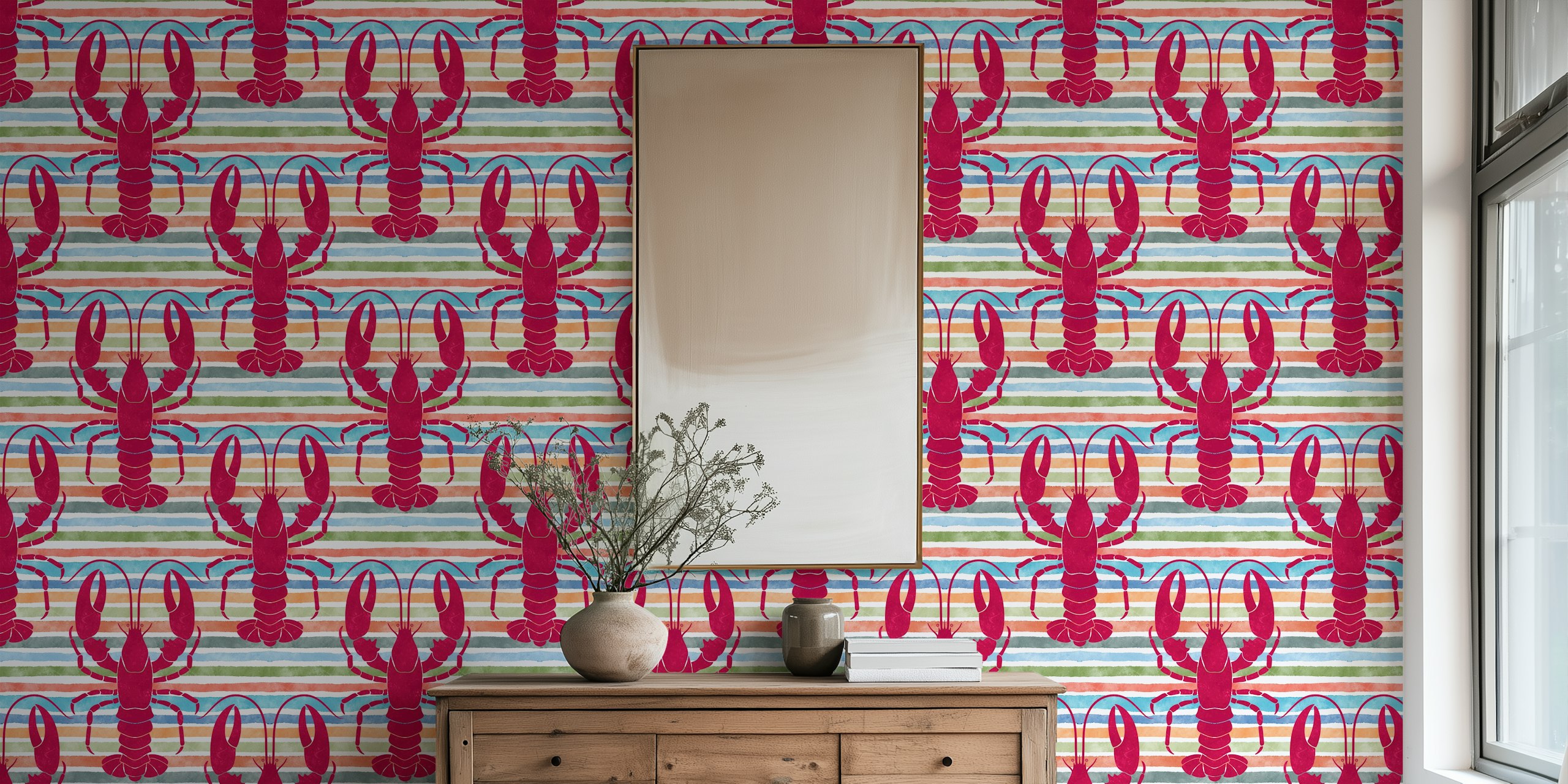 Langostas magenta juguetonas en un papel tapiz con rayas coloridas para una vibra divertida en el interior