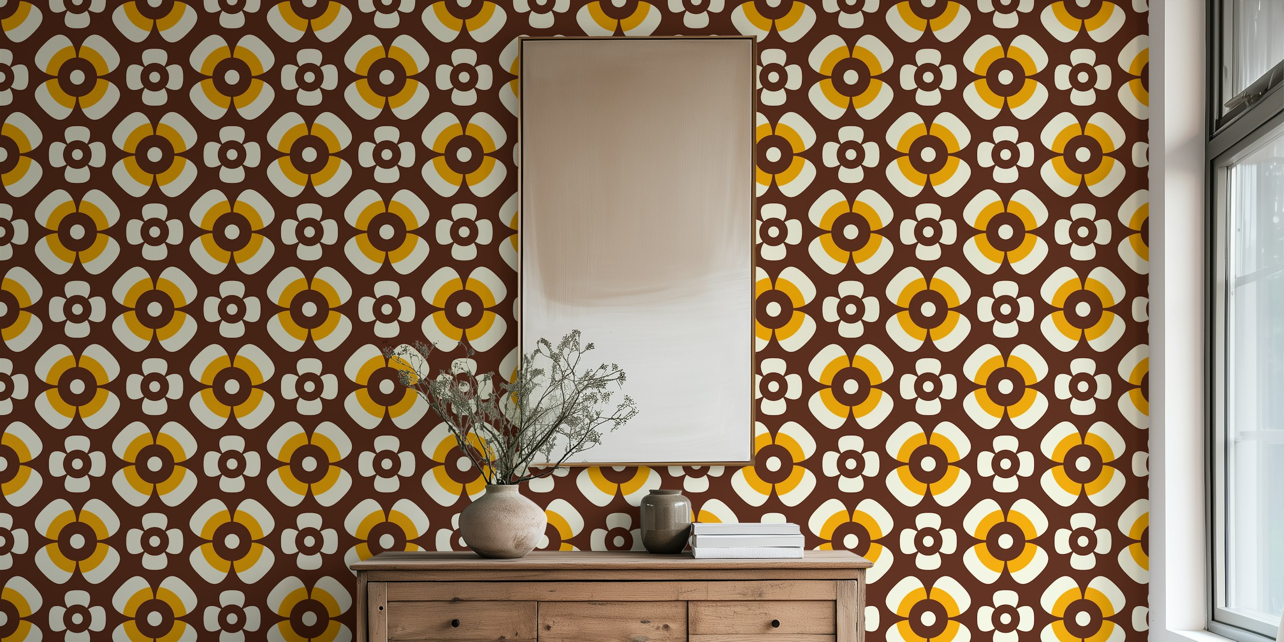 Braune und orange Retro Blumen Tapete