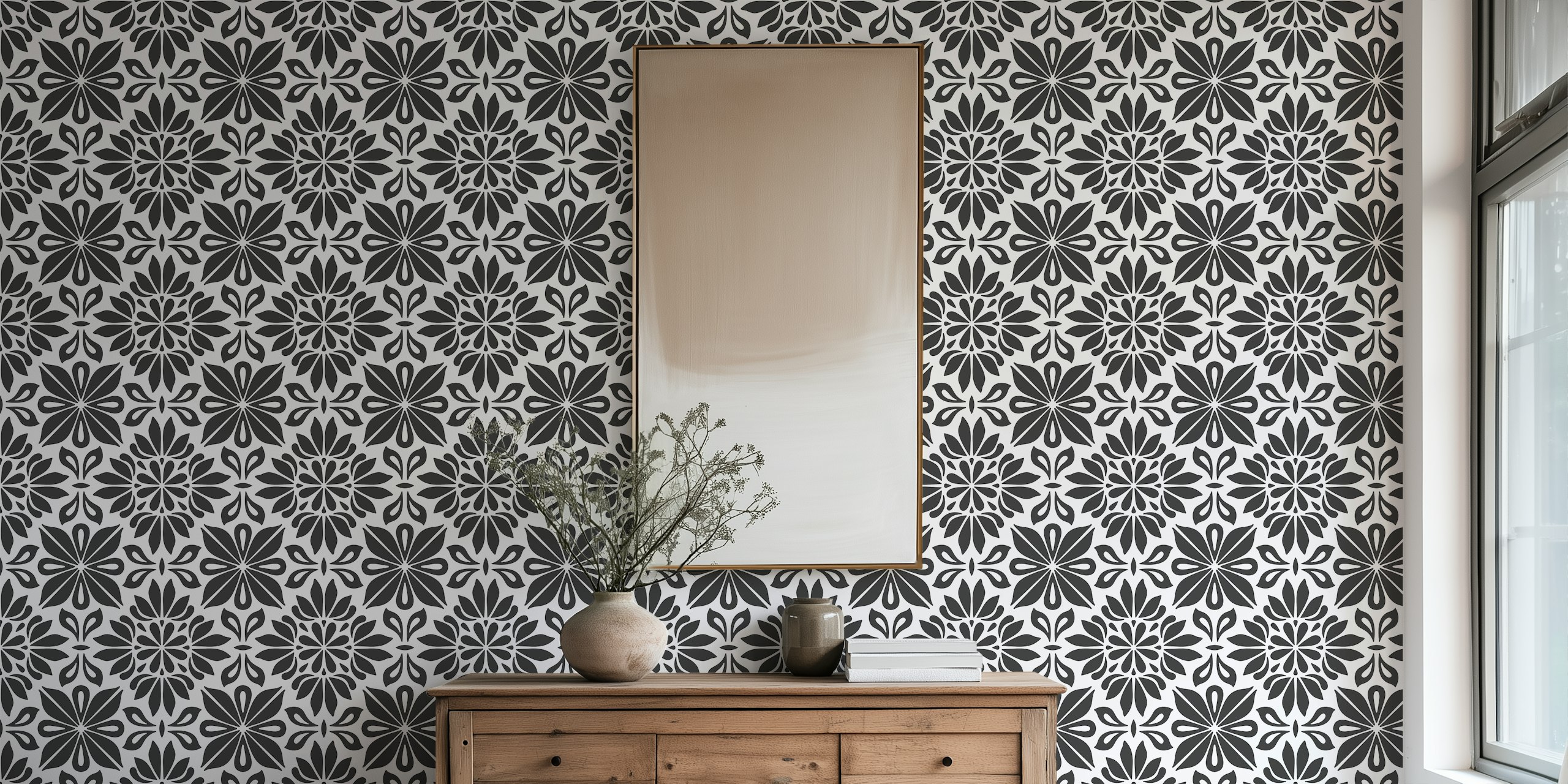 Black en white floral mandala tiles behang