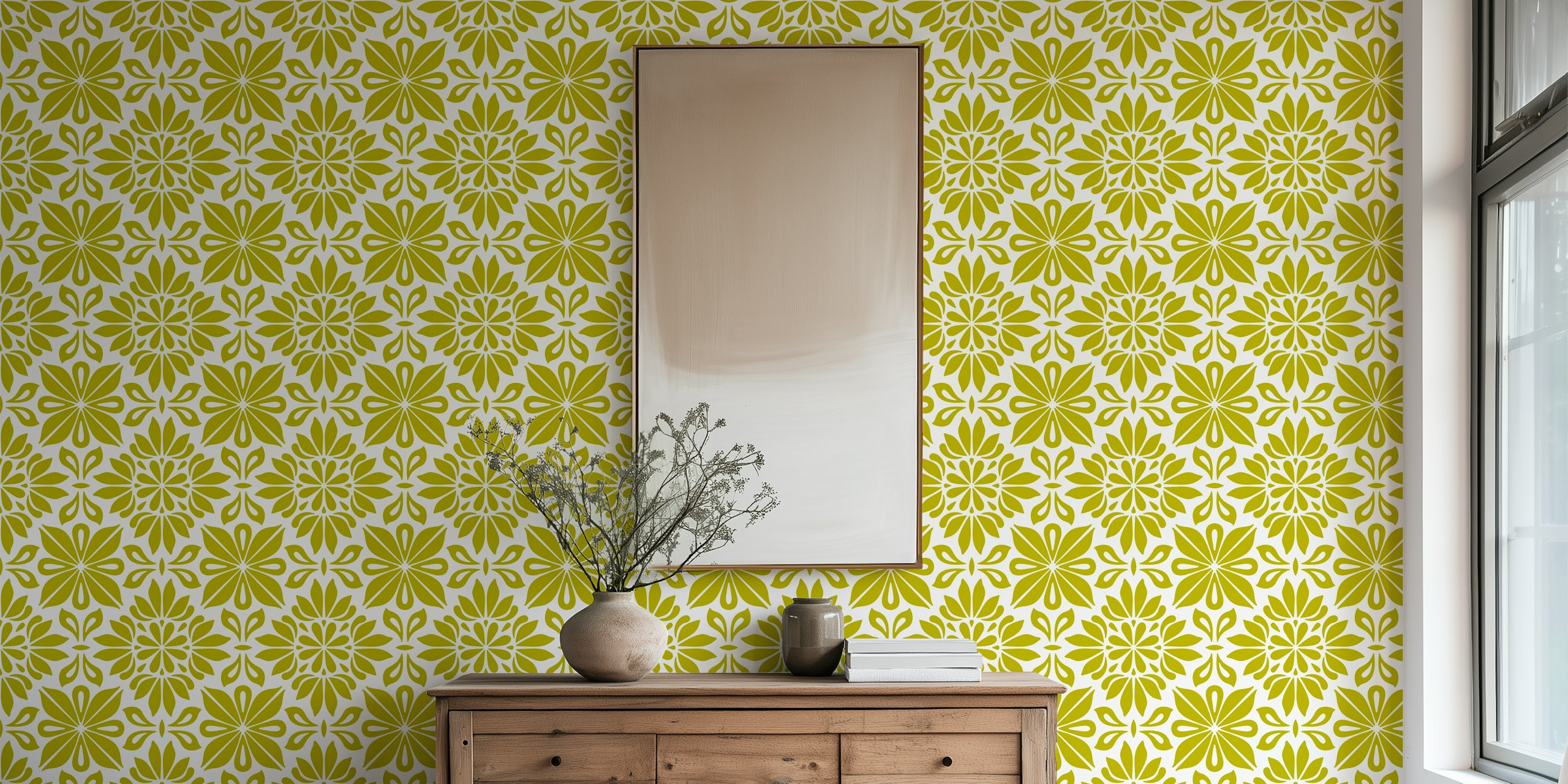 Sage green floral mandala wallpaper i et rom