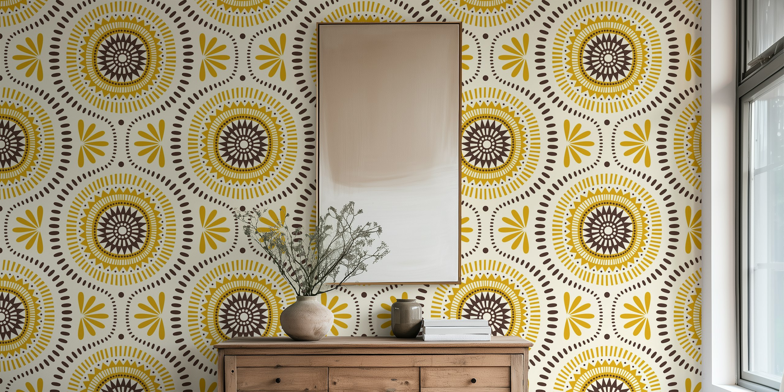 Geometric floral pattern in yellow and brown wallpaper