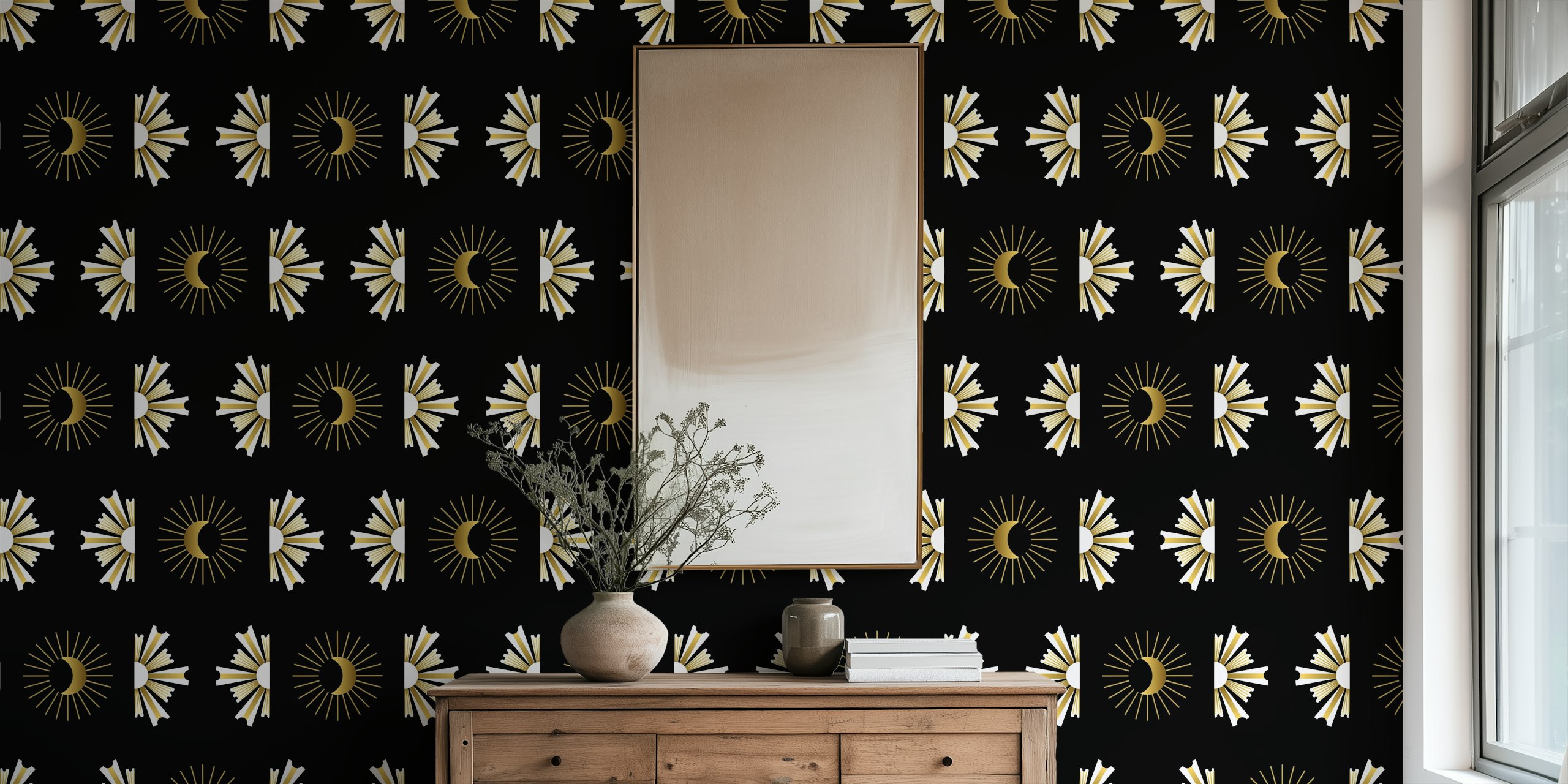 Art Deco-style sunburst pattern on a dark wall mural