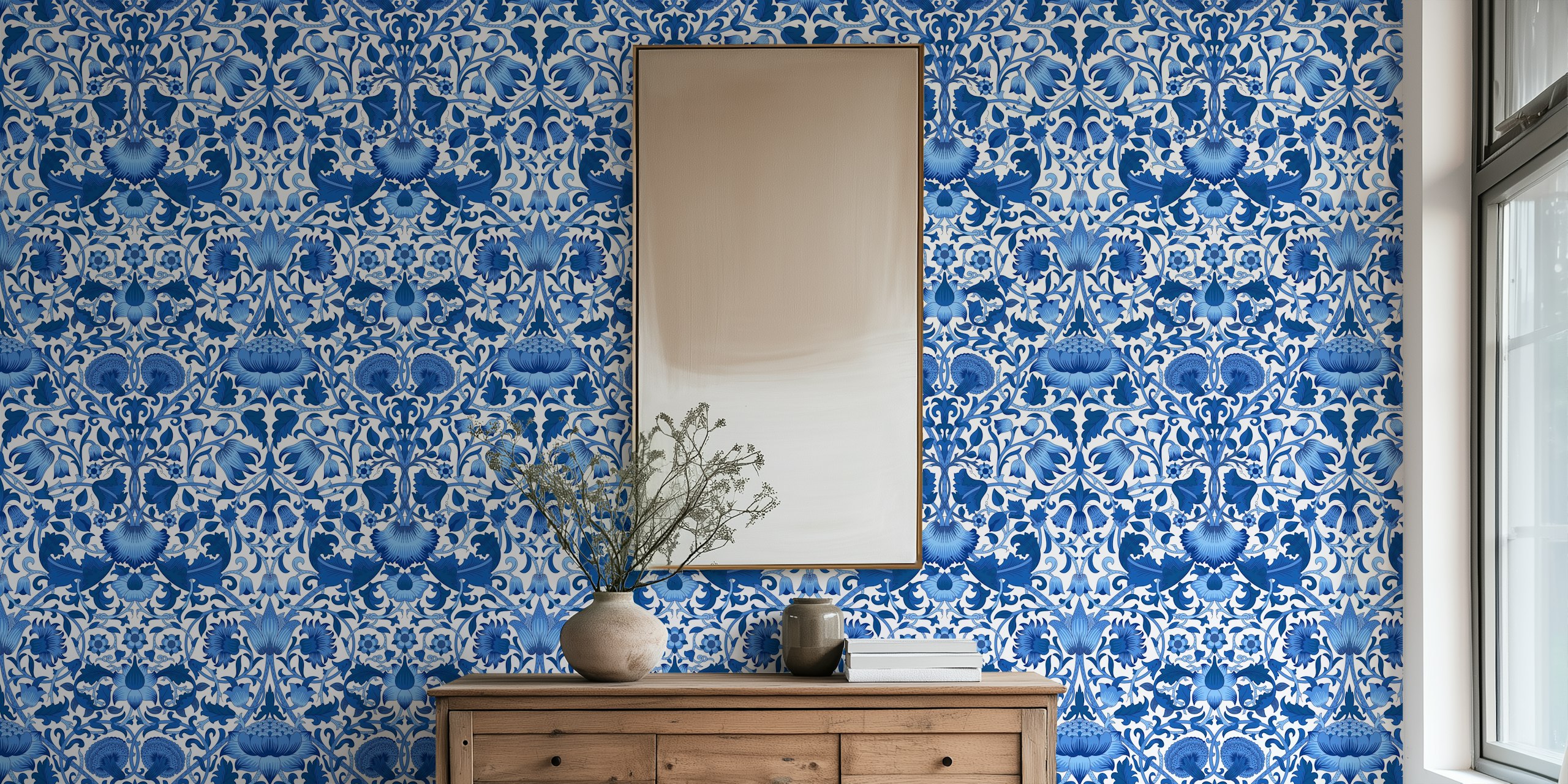Blue floral patterns on white background wallpaper