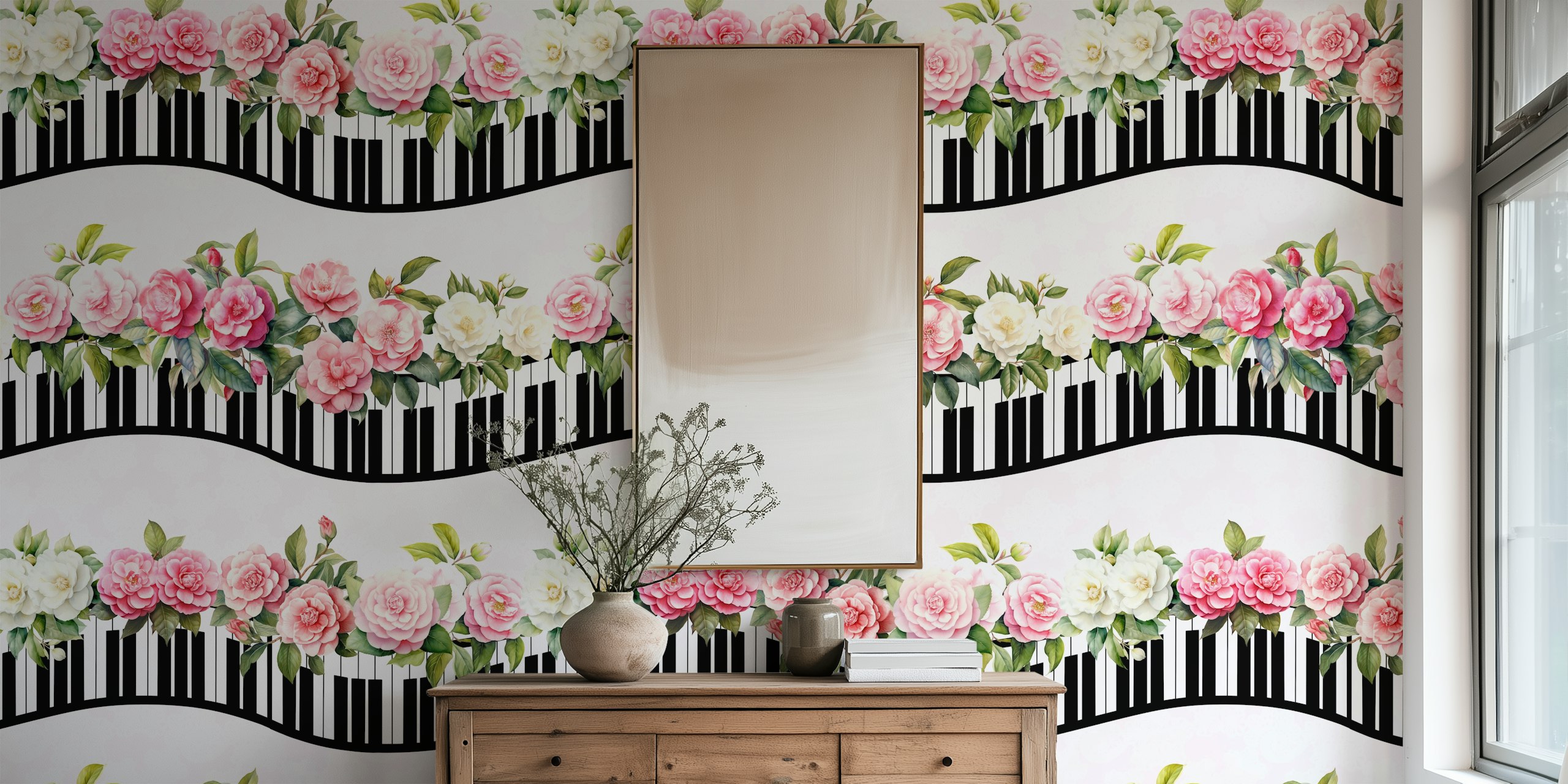 Shabby chic piano keyboard wallpaper in a room