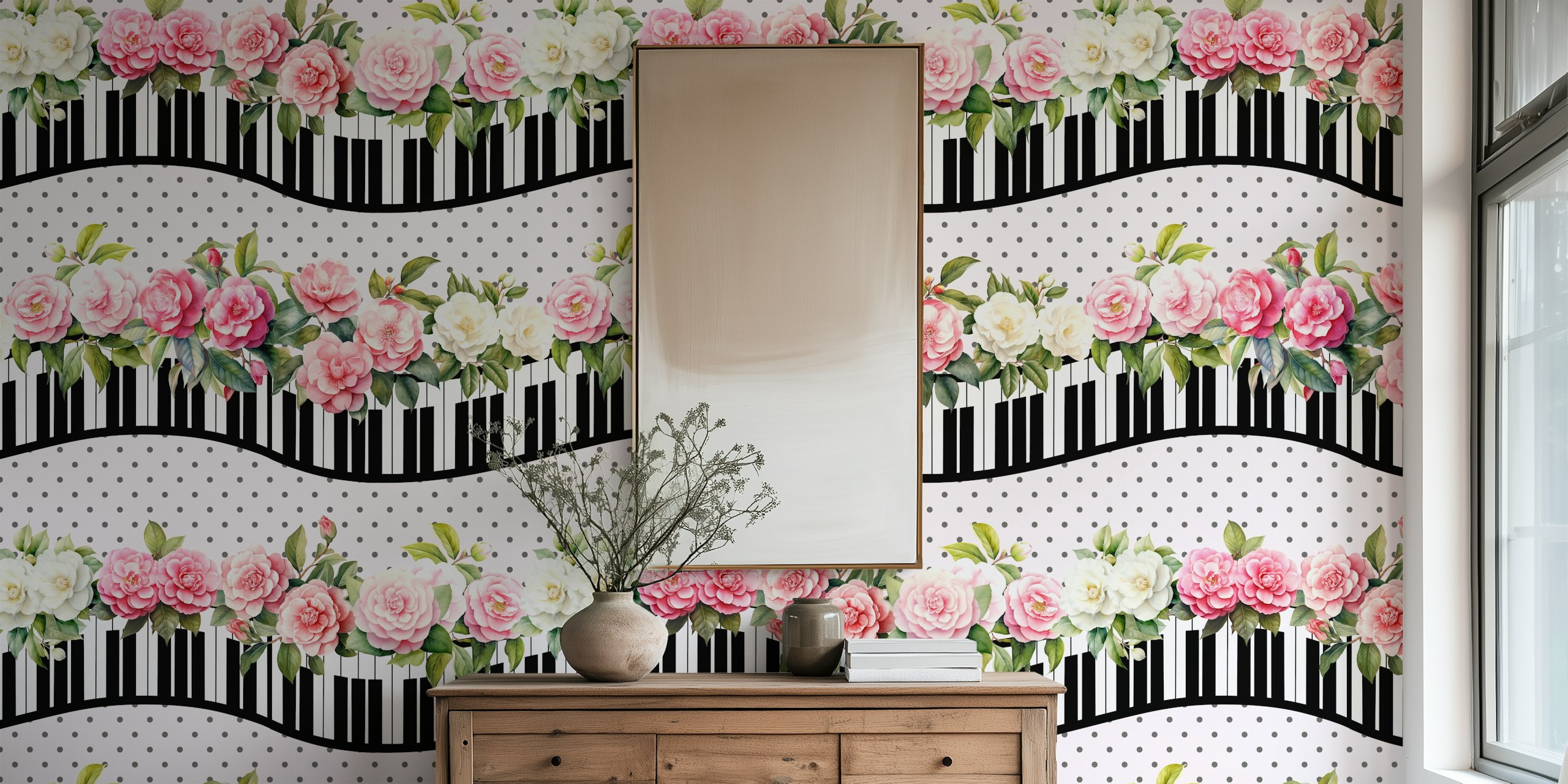 Shabby Chic Piano Keyboard Waves with Roses on Polka Dot Background Wall Mural