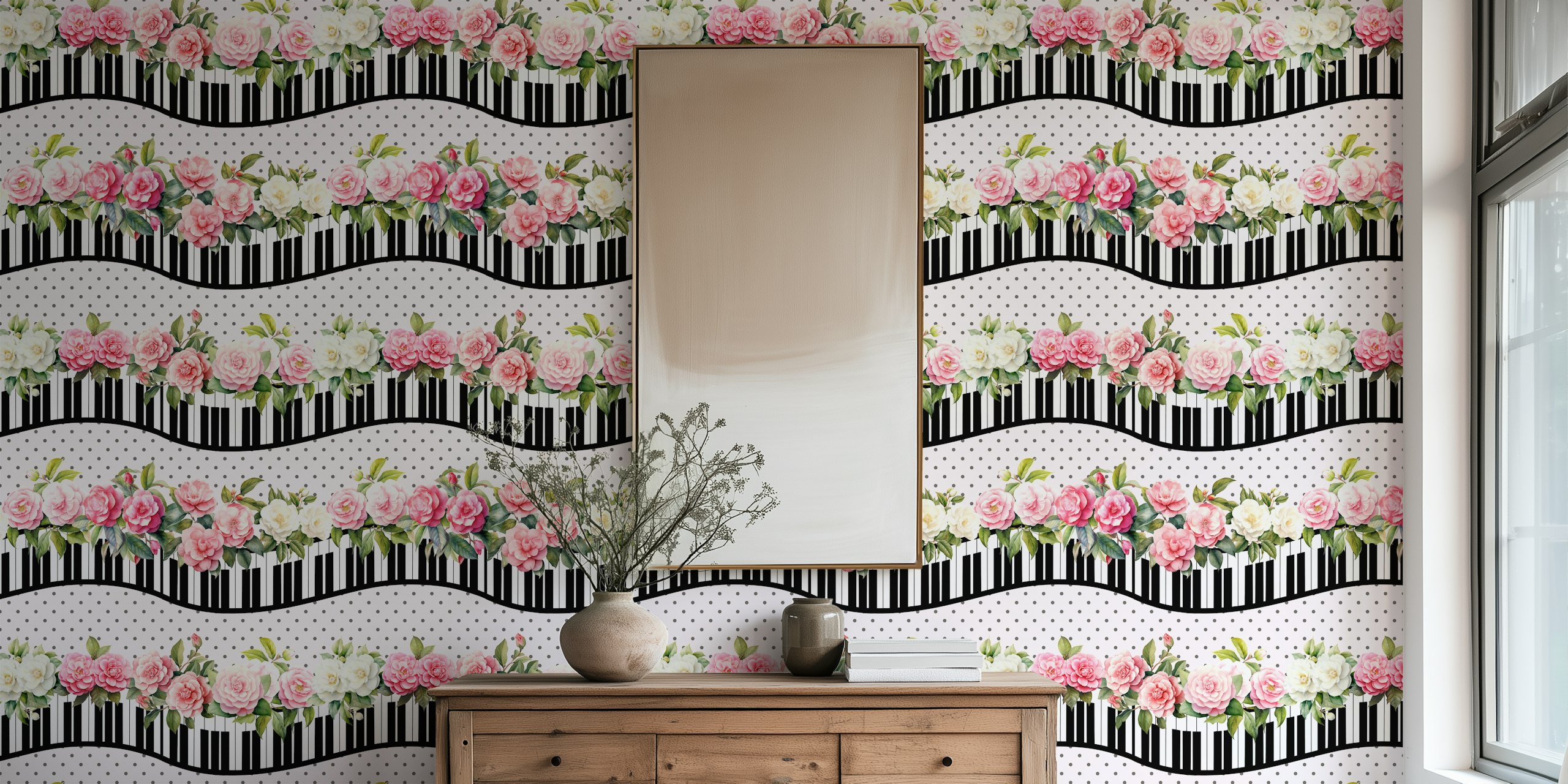Shabby Chic piano keyboard waves wallpaper design