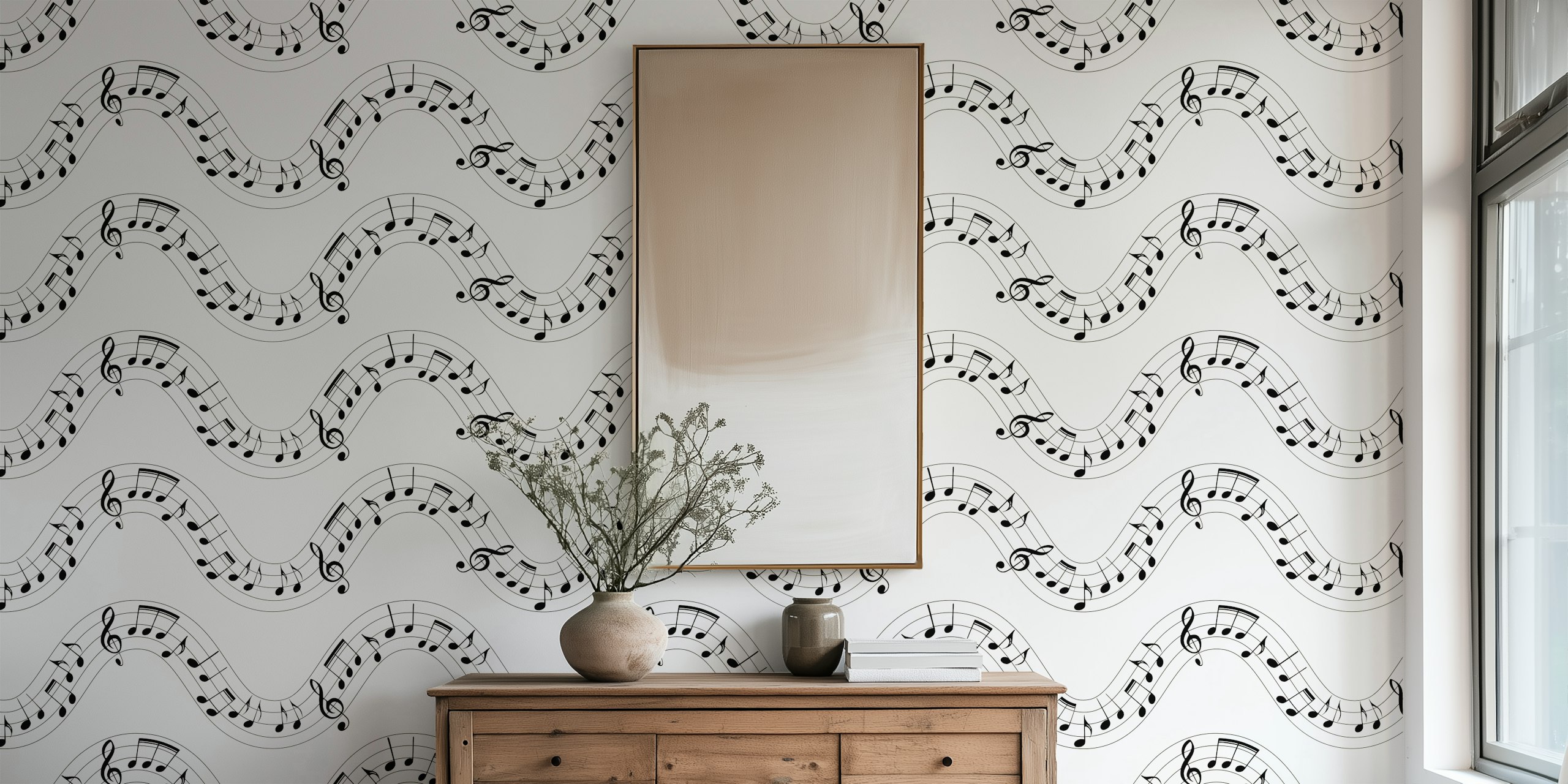 Musical notes forming wavy lines on a maroon background wall mural