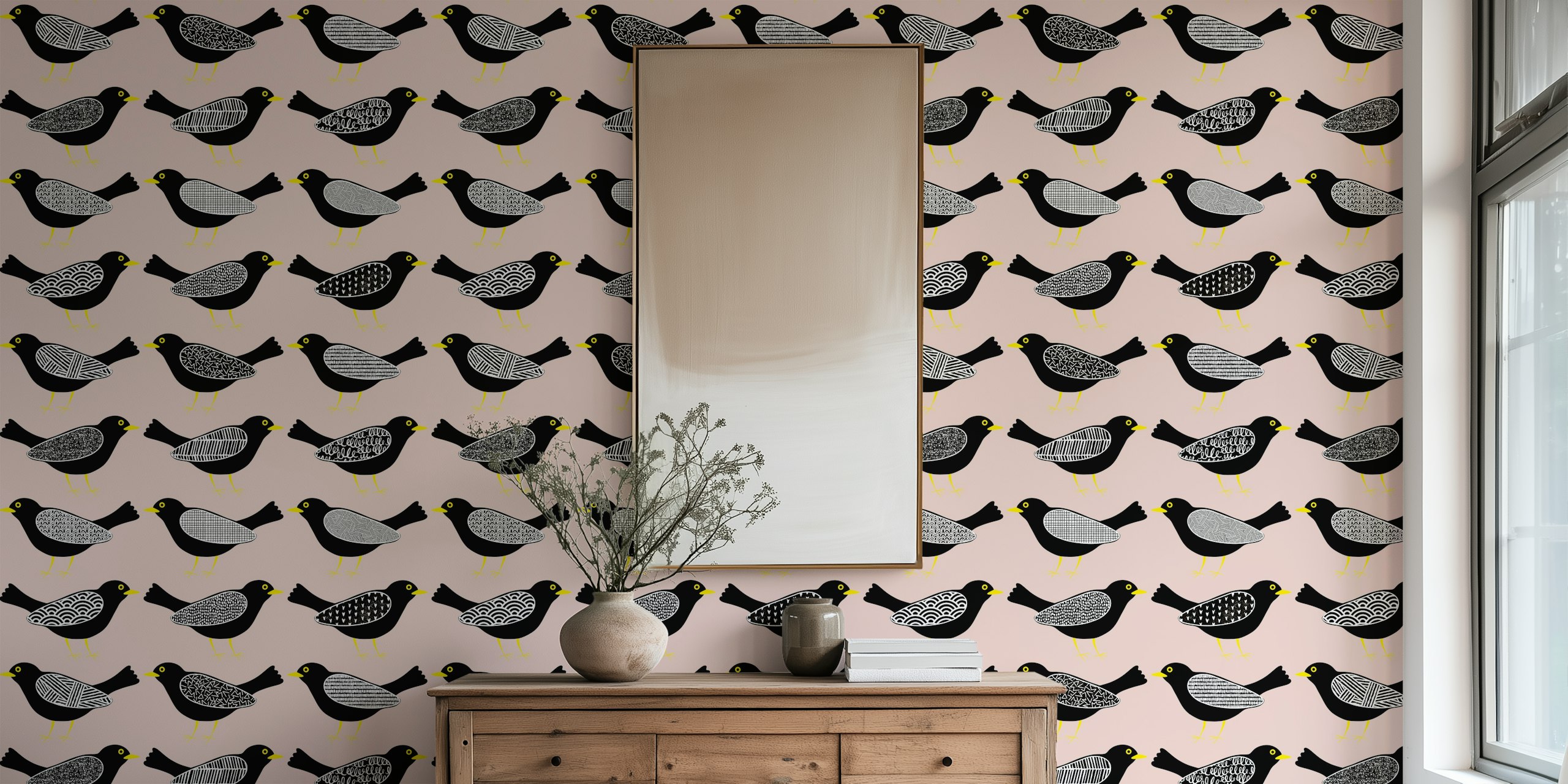 Blackbirds mönster tapet på persika rodna bakgrund