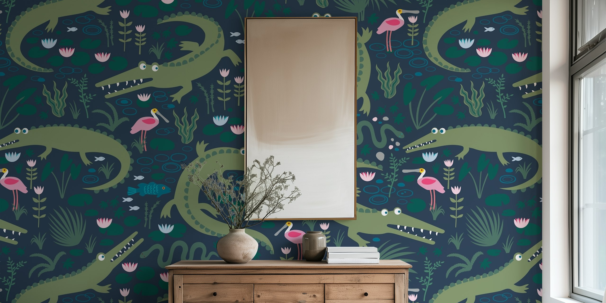 Alligators and roseate spoonbills wallpaper in a room