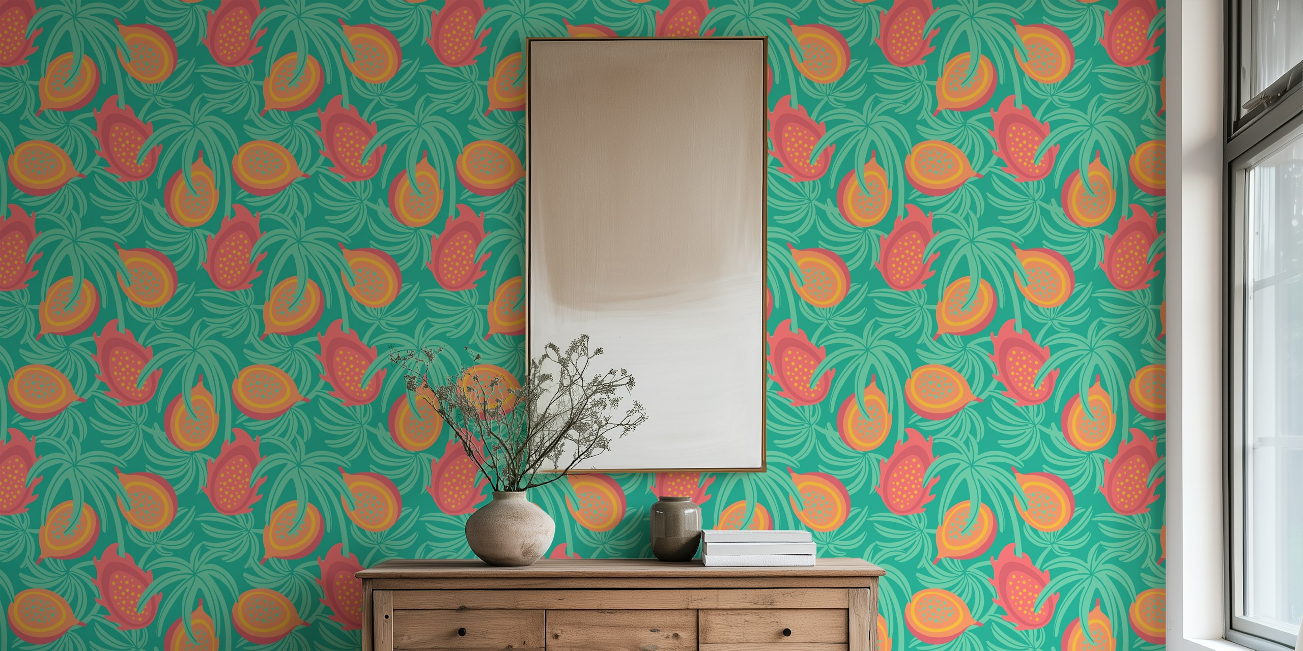 Lilikoi and Dragonfruit wallpaper design in room