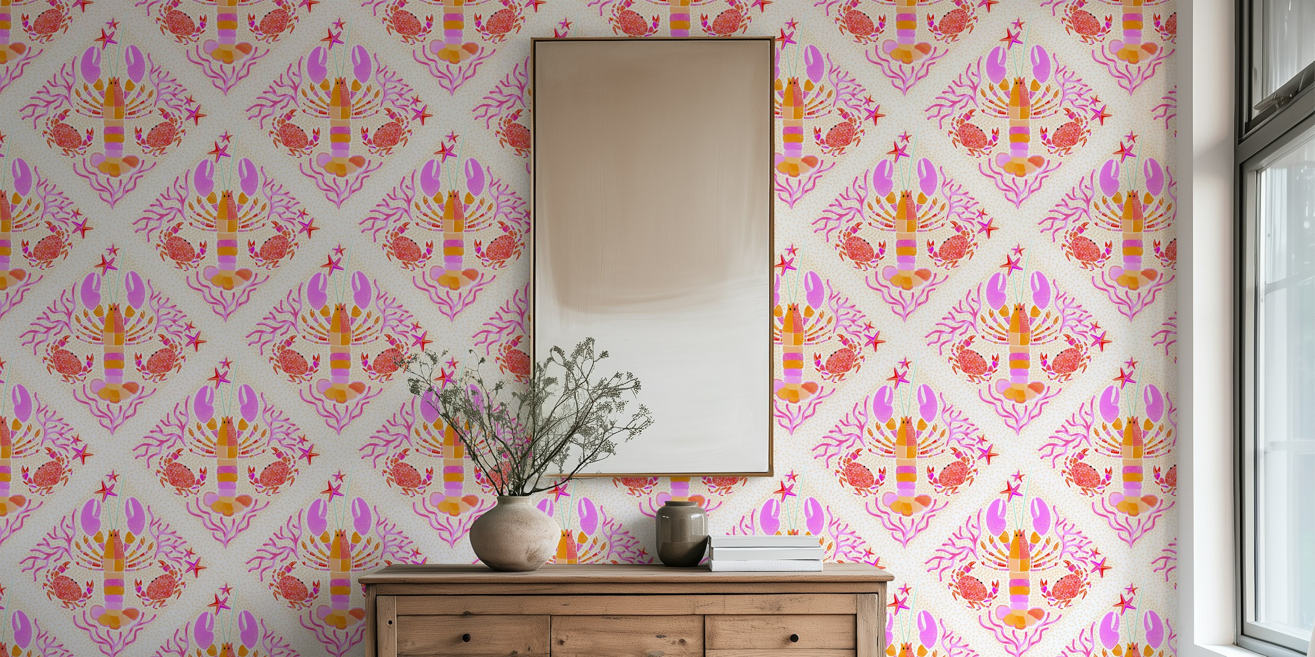 Boho lobsters and crabs wallpaper in a room