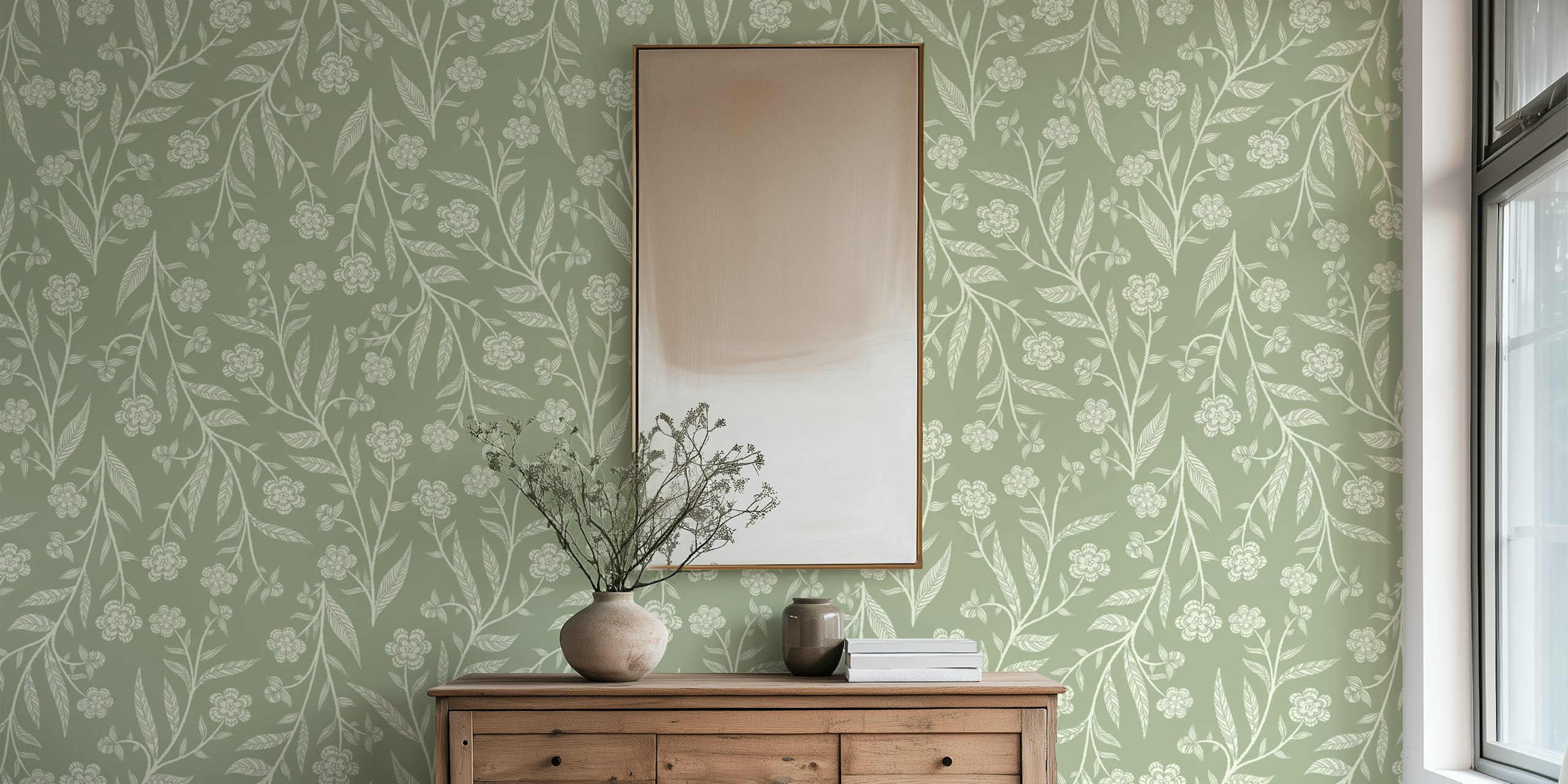 Sage Green Floral Victorian Doodle tapet