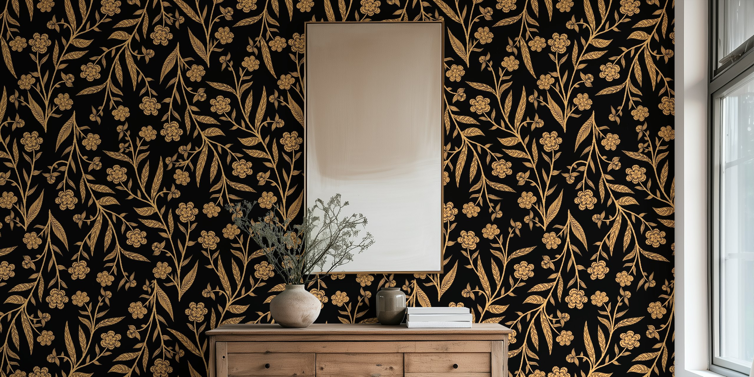 Gold floral doodle wallpaper on black backdrop