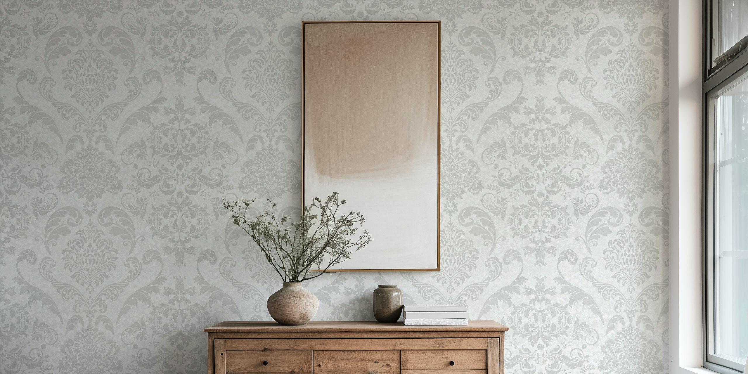 Light grey vintage Victorian damask pattern wall mural