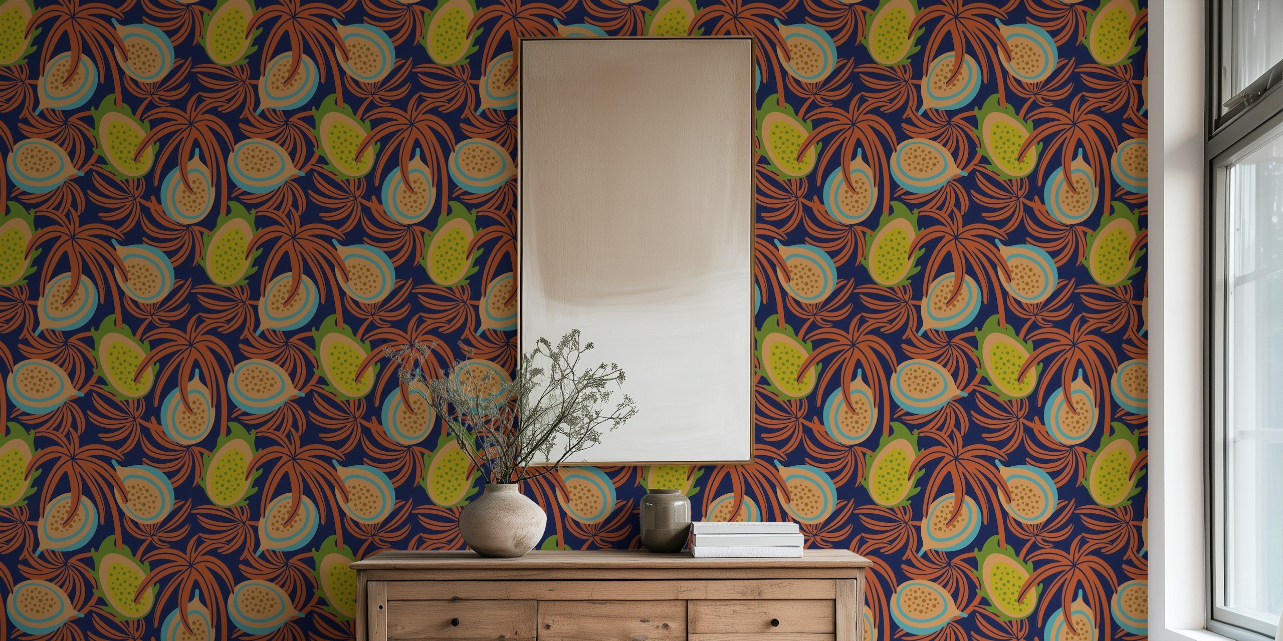 Lilikoi and dragonfruit pattern in vibrant colors on dark background wallpaper
