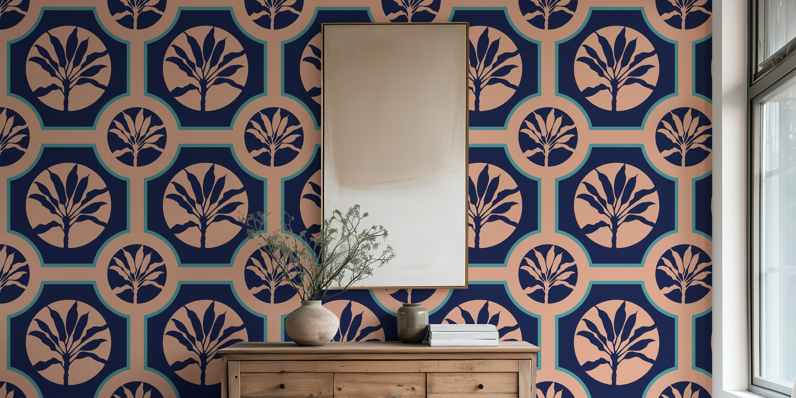 Dark blue tropical plant design with circular motifs wallpaper