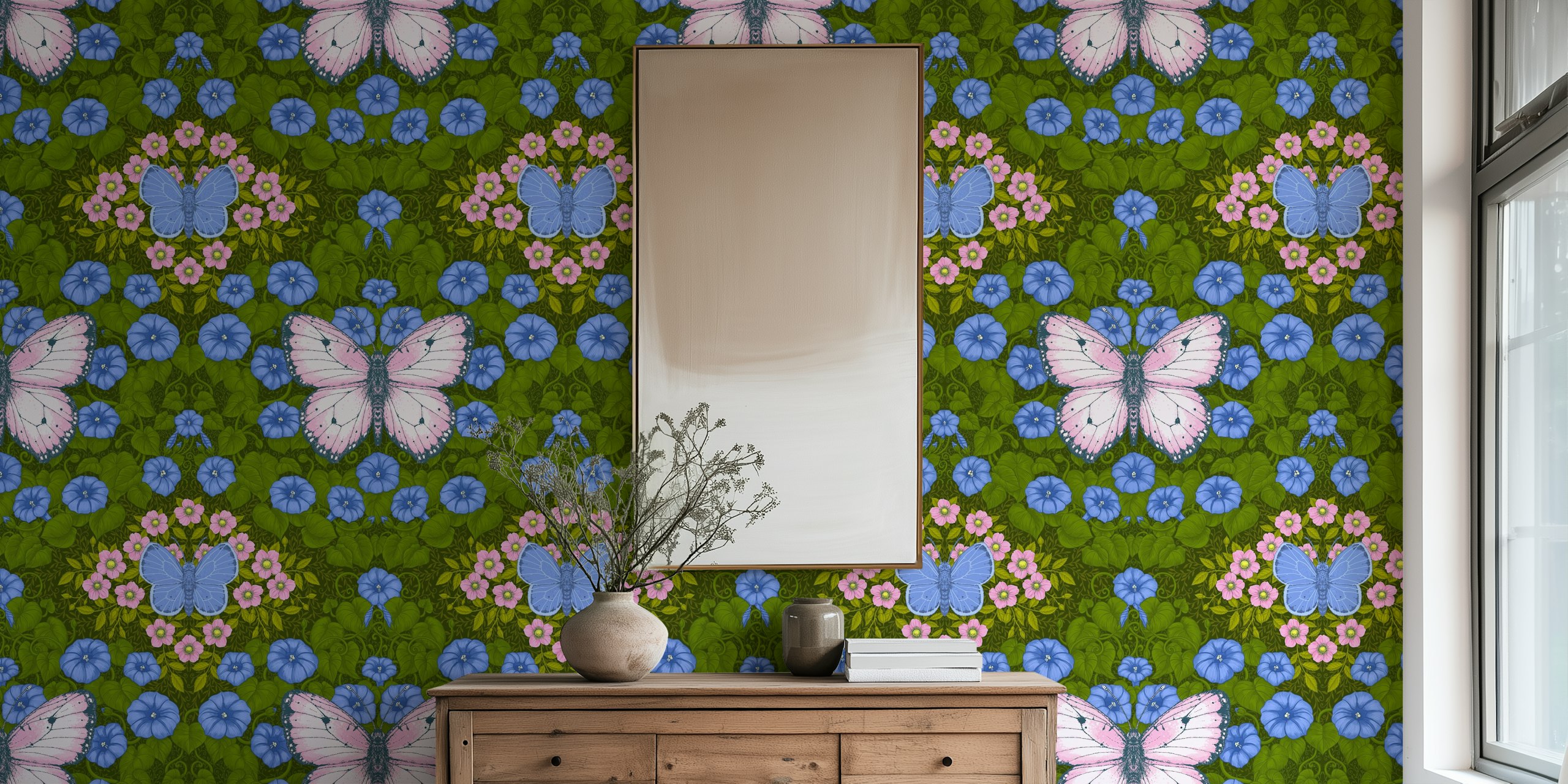 Blue butterflies and purple flowers with green foliage wallpaper