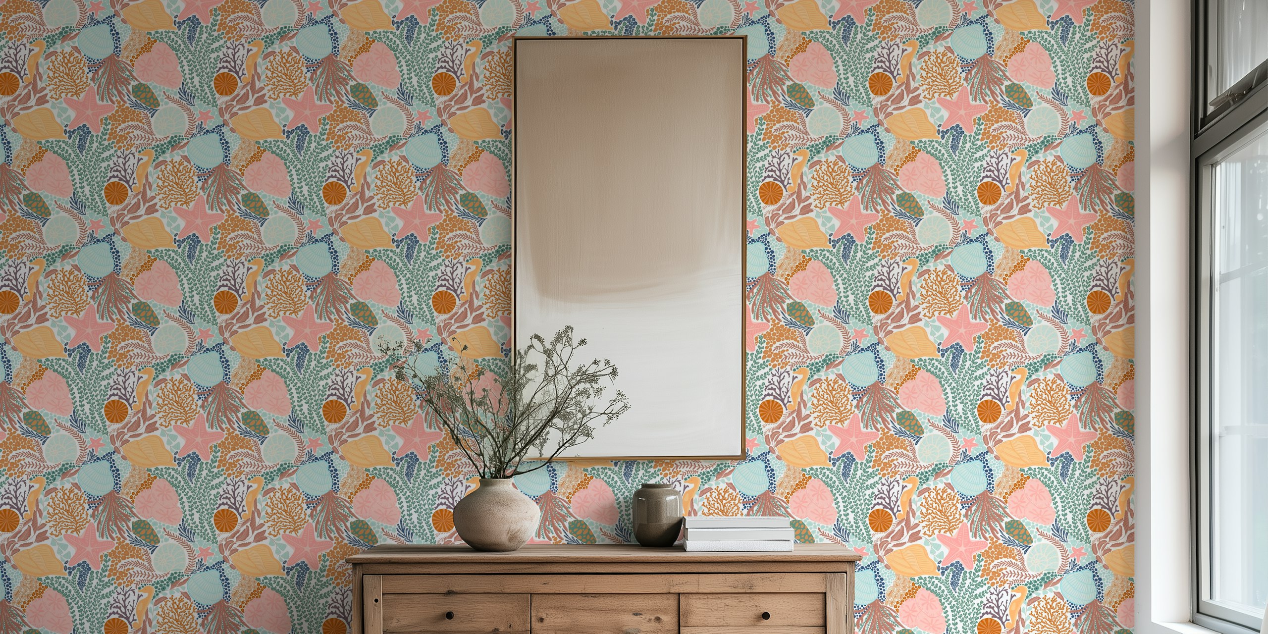 Colorful seashells and coral patterns in pink, blue, and orange wallpaper