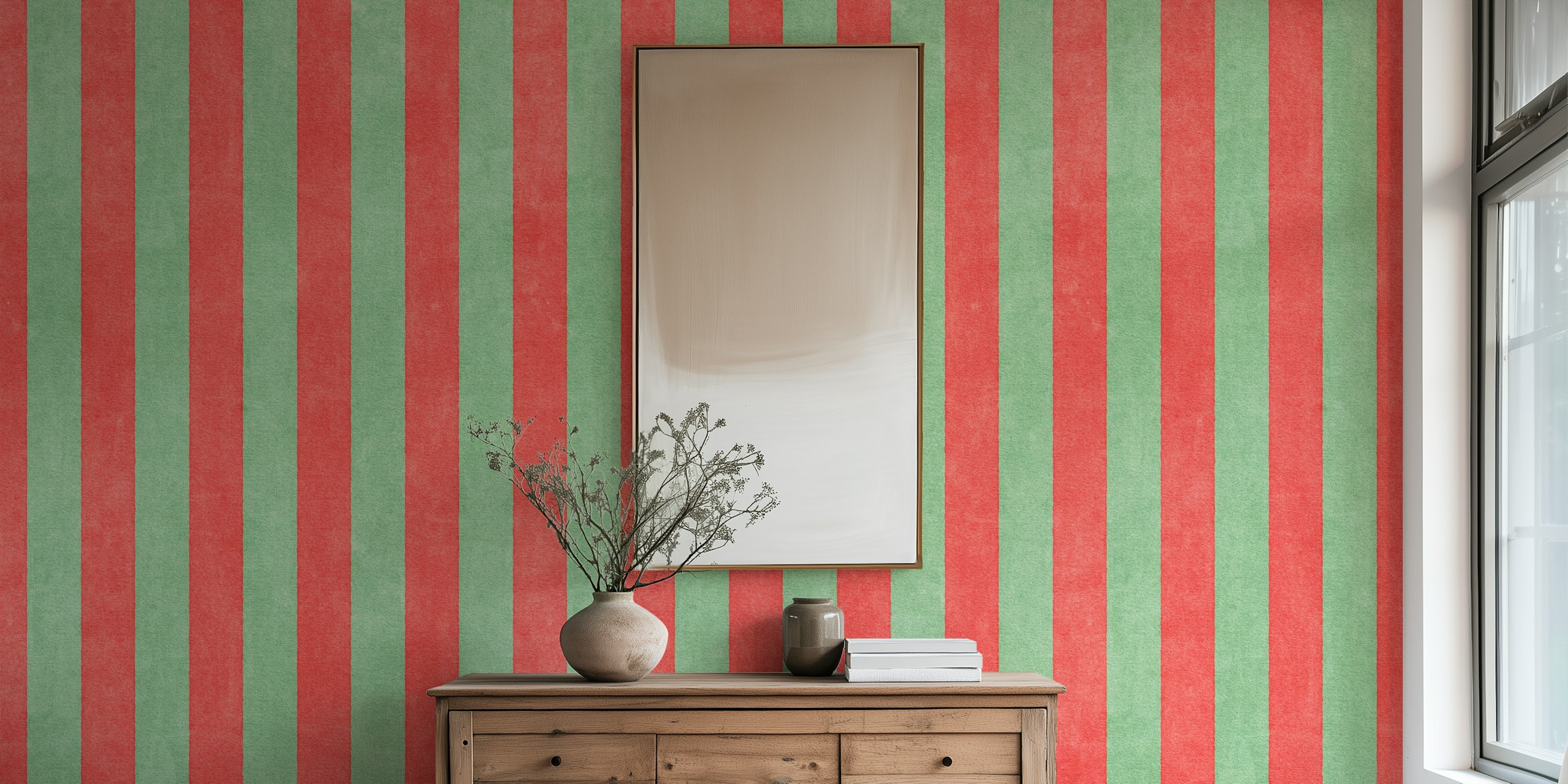 Red and green striped wallpaper featuring bold vertical lines