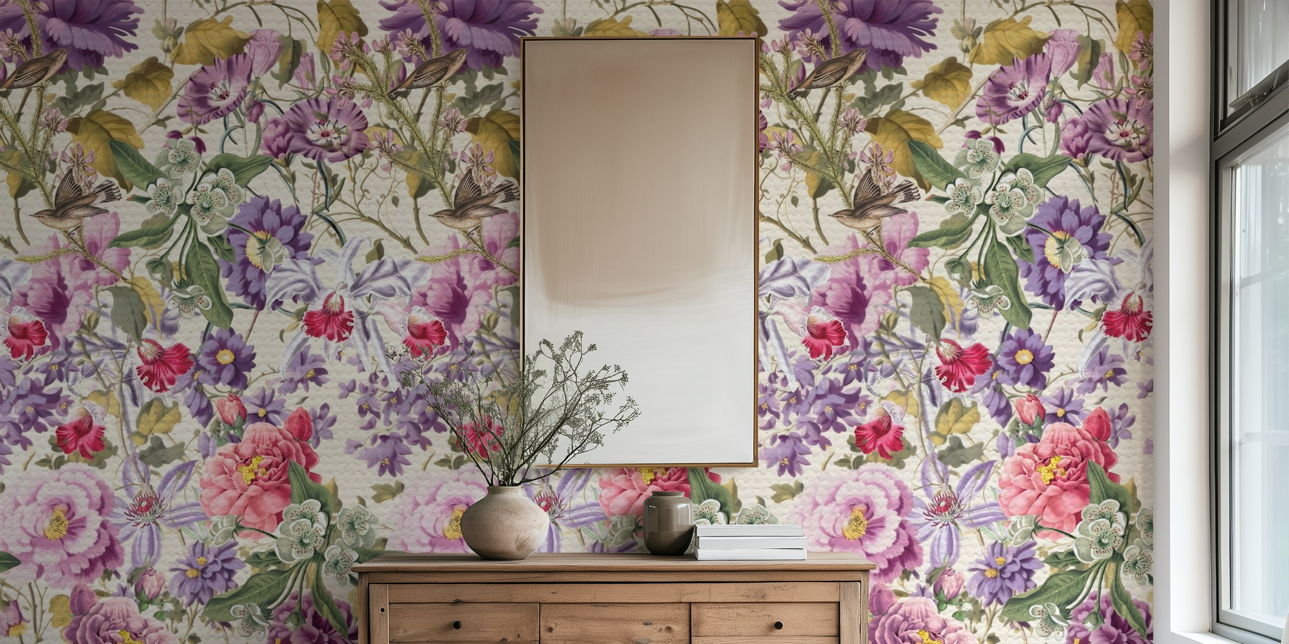 Colorful purple flowers and greenery on cream background wallpaper
