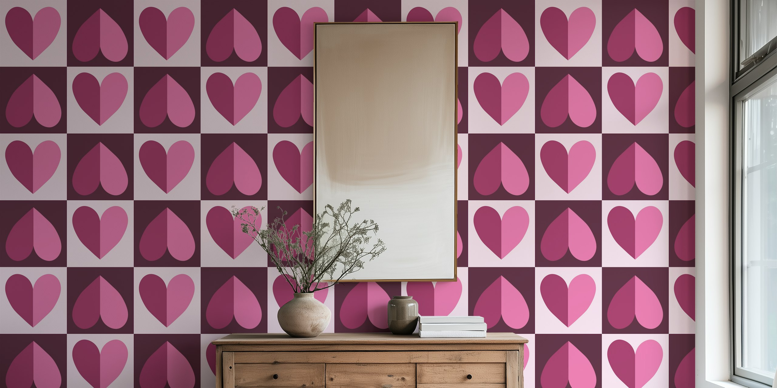 Tapeta Plum Purple Checkerboard Hearts w pokoju