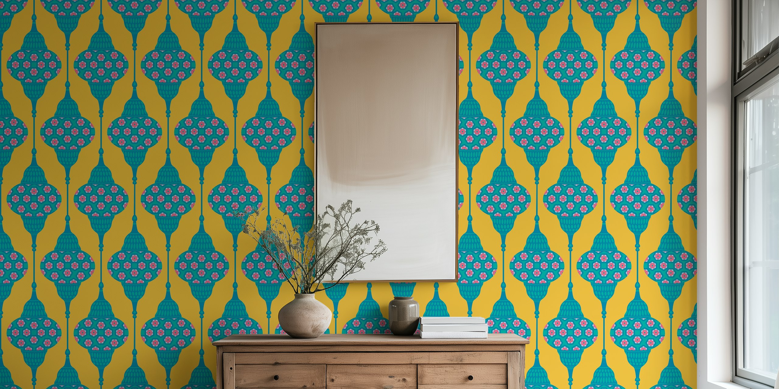 Blauwe Gele Lamplight Retro Exotic Lanterns In Een Kamer